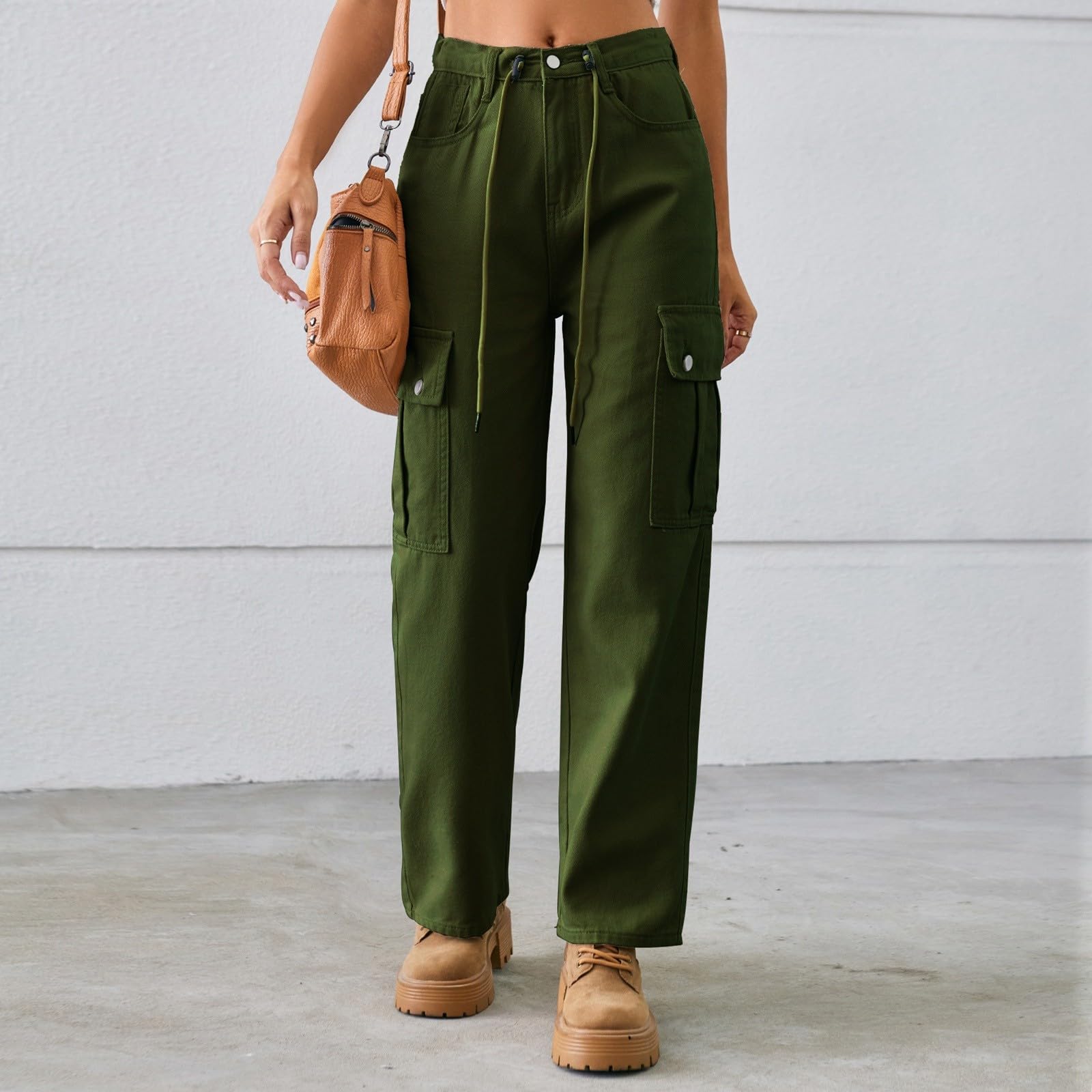 Generisch Sporthose Damen Einfarbige Damen-Jeans mit Kordelzug, verstellbare Gewaschene Cargohose, Freizeithose (Army Green, XL)
