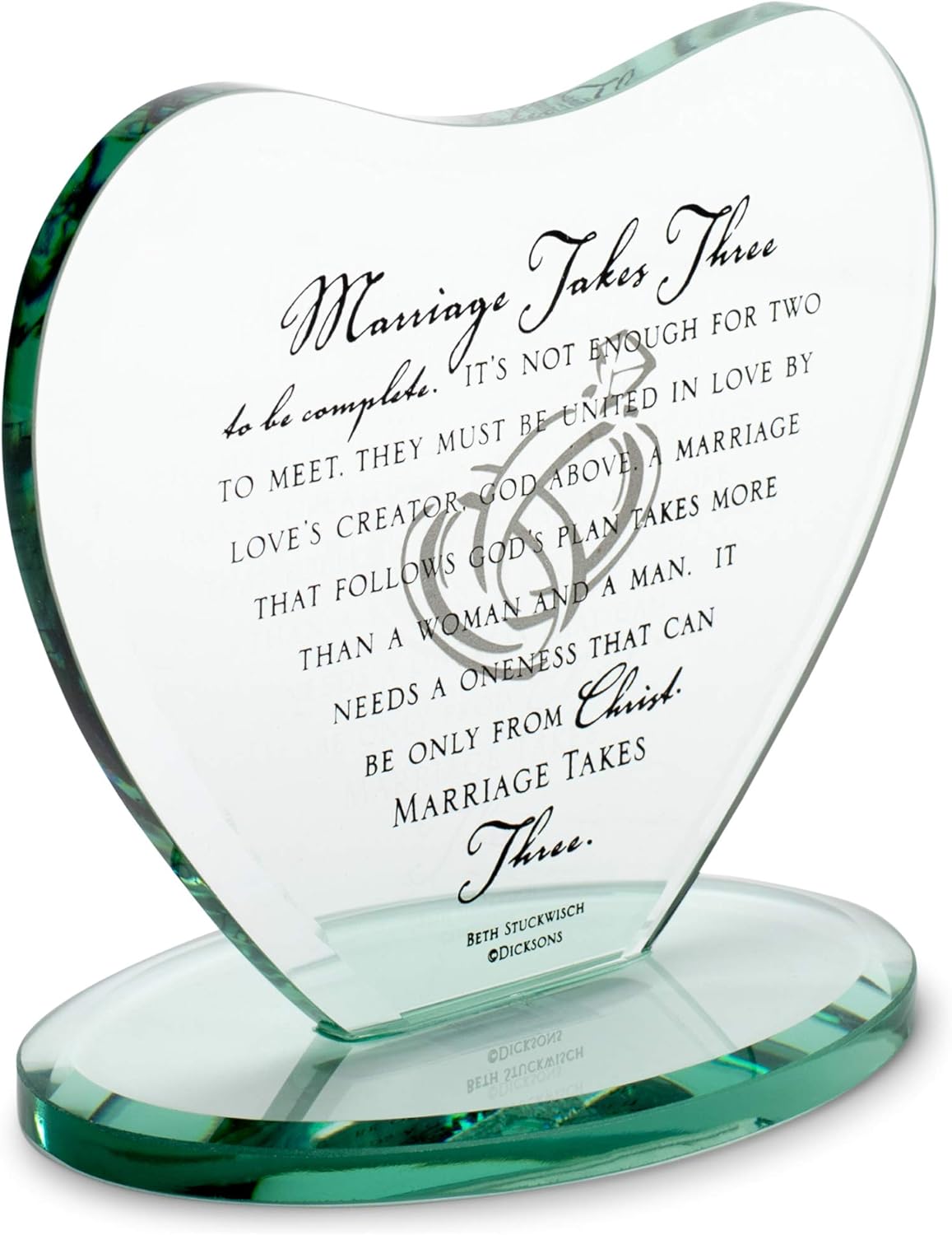 Dicksons Marriage Takes Three Heart Shaped Black Letter 7 x 7.5 Glass Table Top Sign Plaque
