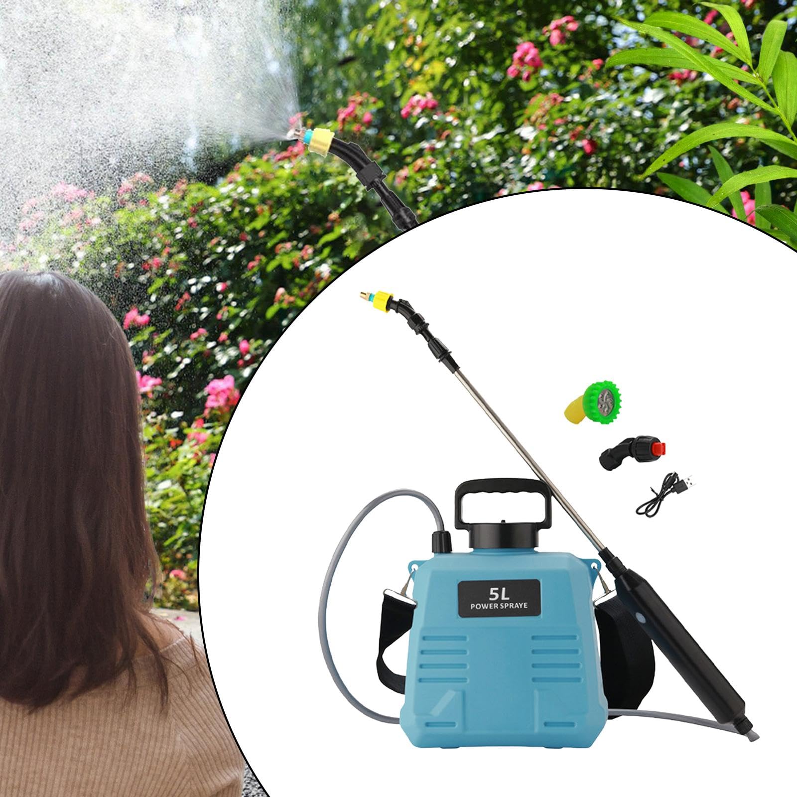 Gralara Pulverizadores de Bomba eléctrica, varitas retráctiles con Correa para el Hombro, Botella pulverizadora de riego Recargable por USB para riego de, 5L Azul