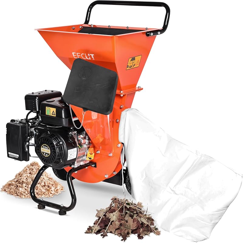 Trituradora trituradora de madera 3 en 1, 7 HP, 212 cc, alimentada por gas, capacidad máxima de diámetro de madera de 3 pulgadas, 2 tolvas multifunción con disco de corte grande, bolsa de desechos incluida
