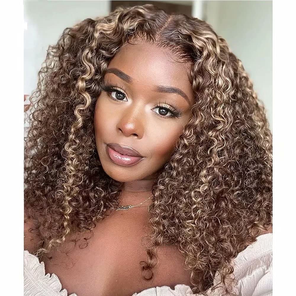 Highlight Wig Honey Blonde Curly Human Hair Wig 13x6 HD Transparent Lace Front Wigs Pre-Plucke for Woman with Baby Hair Brazilian Brown Color Deep Water Wave Human Hair Wig 150% Density 12 inch