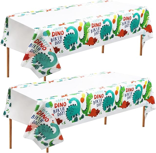 2 Pcs Dinosaur Birthday Tablecloths, Disposable Happy Birthday Table Cover, Plastic Dining Tablecover for Kids Boys Birthday Party Decoration