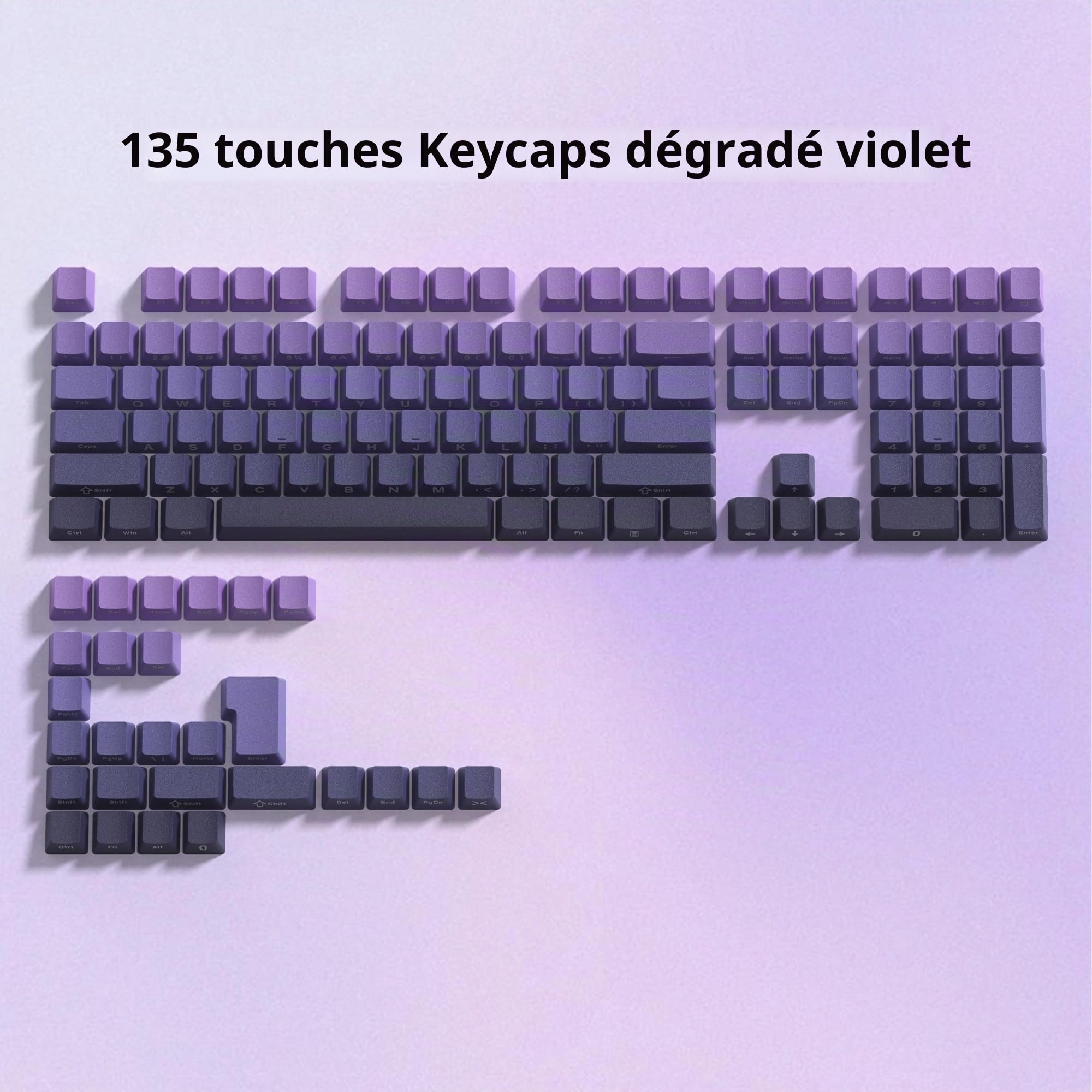dagaladoo Lot de 136 Touches Violettes dégradées - PBT - Double Shot - Profil Cerise - Gravure latérale - Rétro Minimaliste - pour claviers de Jeu mécaniques (Touches Uniquement)