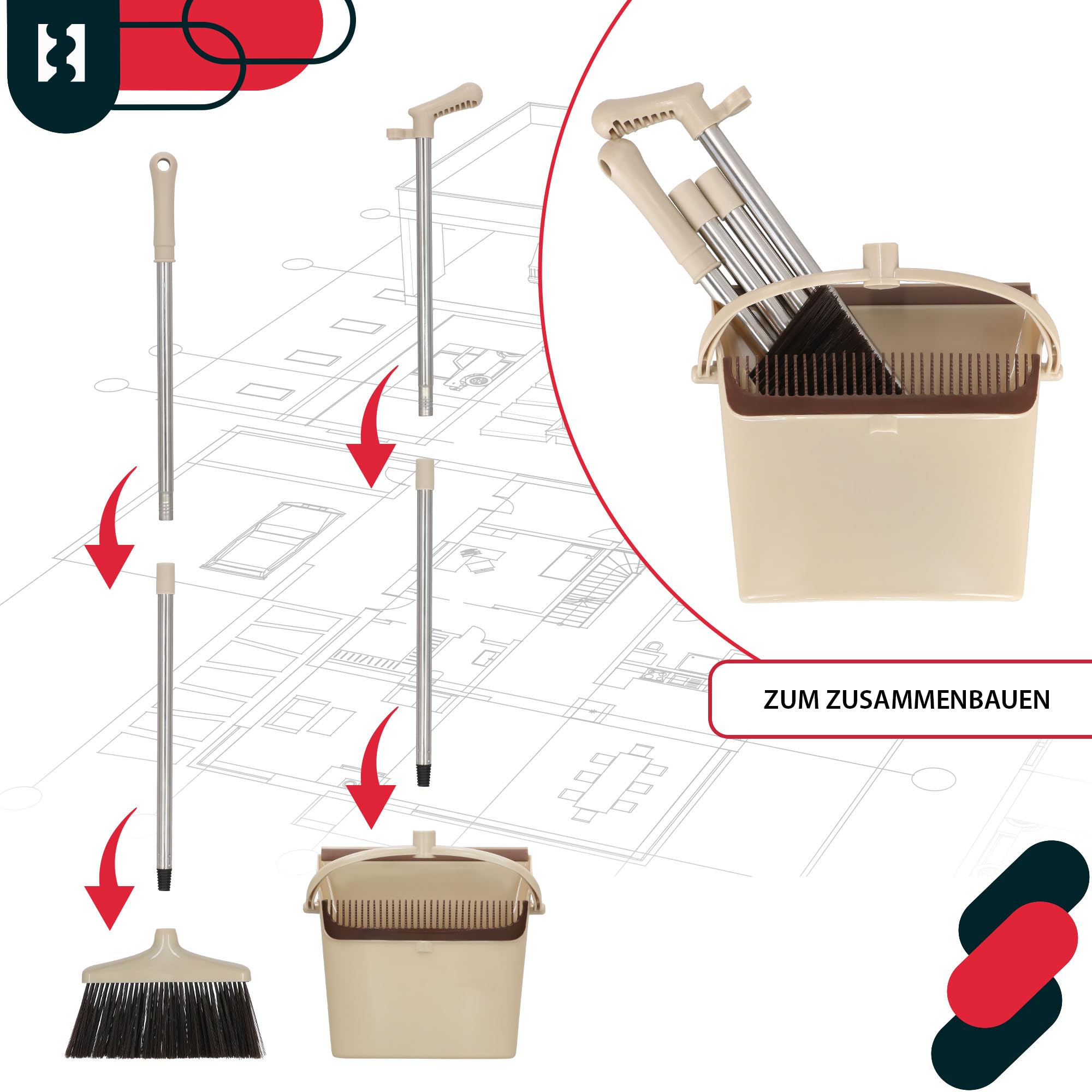 KOTARBAU® Set di scopa e paletta con manico lungo Alejandro, Scopa con manico e scopa senza piegarsi, Plastica e acciaio inossidabile, Ideale per pavimenti in linoleum, Colori: Crema, Nero, Argento