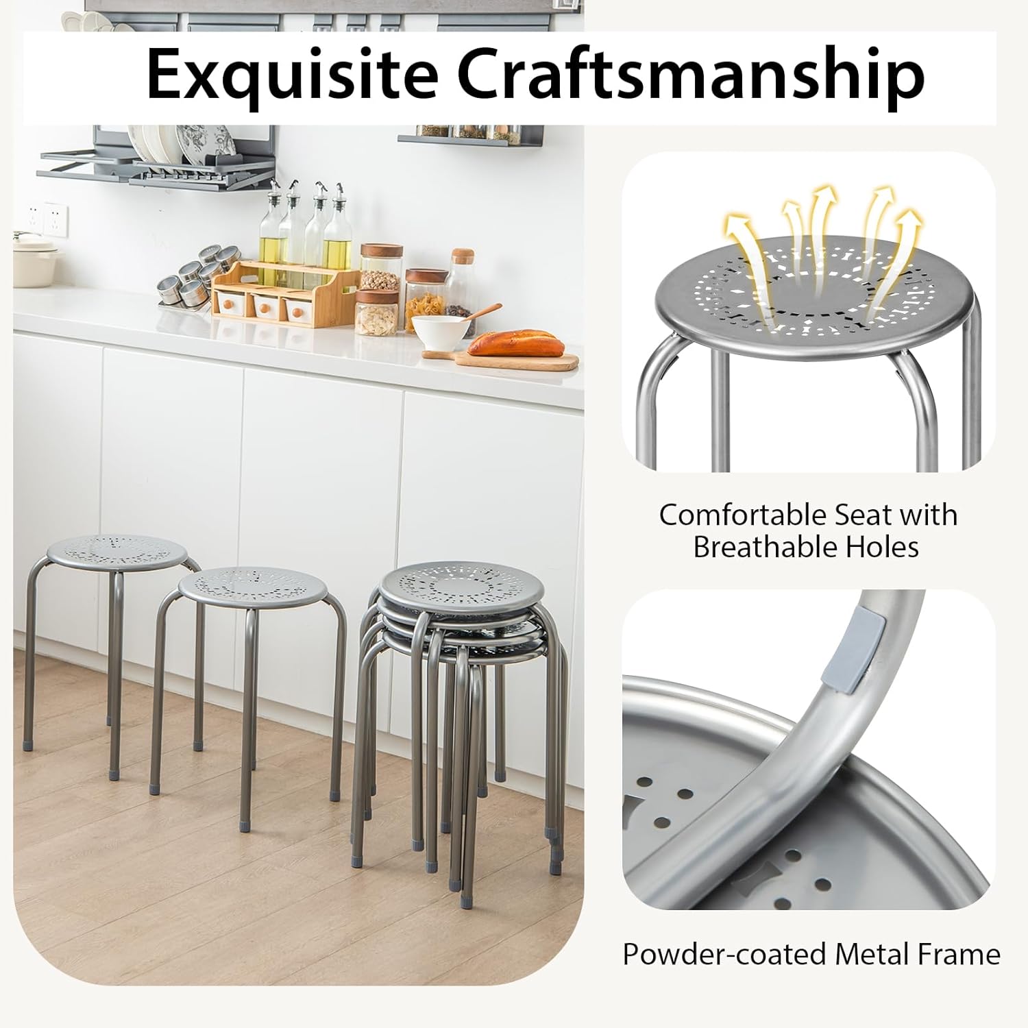 HOMGX Stackable Stools 6 Pack, Portable Stacking Bar Stools w/Round Top & Metal Frame, Commercial Furniture Stacking Stool for Home, Office, Indoor & Outdoor Use (Grey)