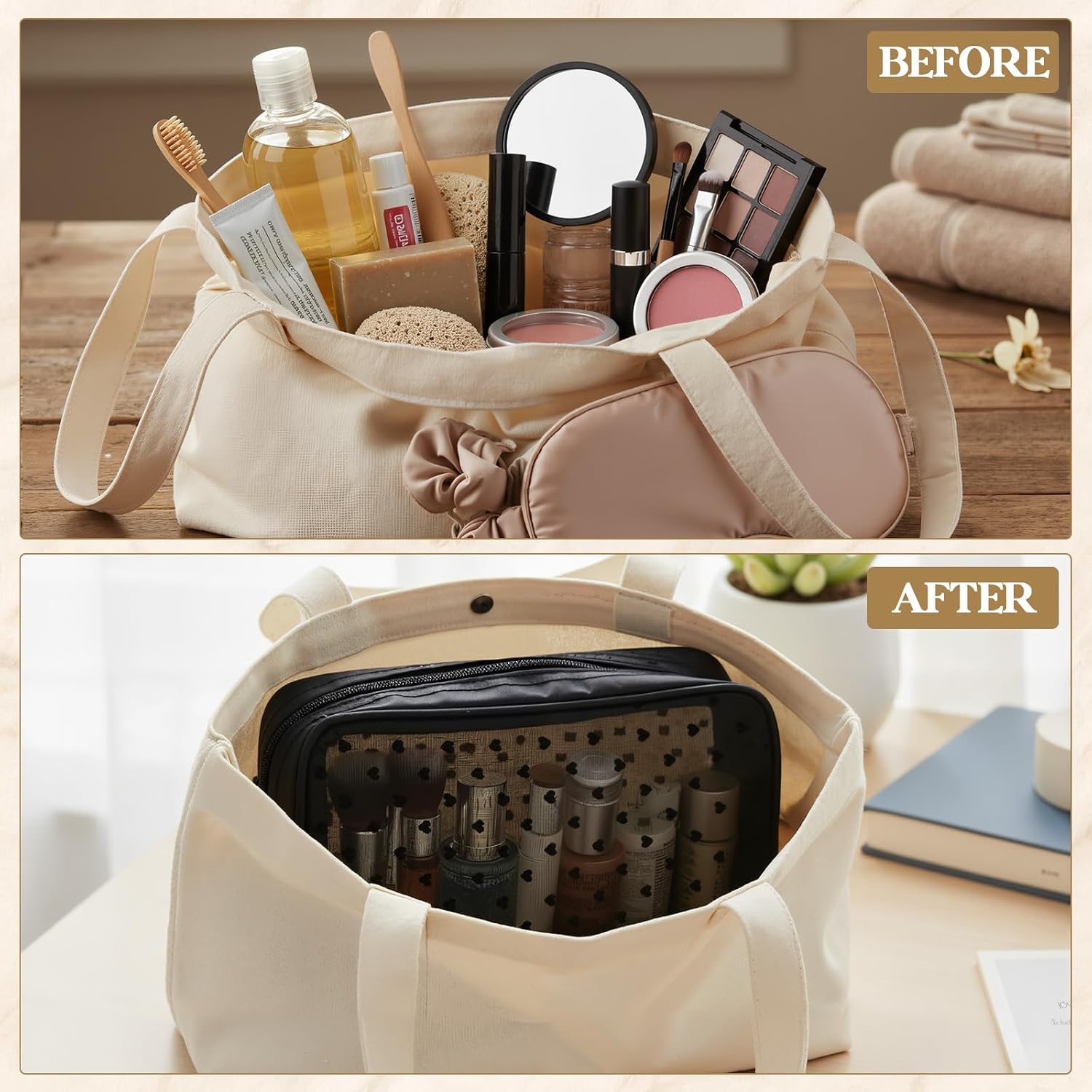 Tallew 2 Pcs Heart Printed Mesh Toiletry Bags, Portable Travel Mesh Makeup Bag Travel Cosmetic Bag Toiletry Purse with Zipper Storage Pouche for Home Office Traveling Accessories (Large,Black)