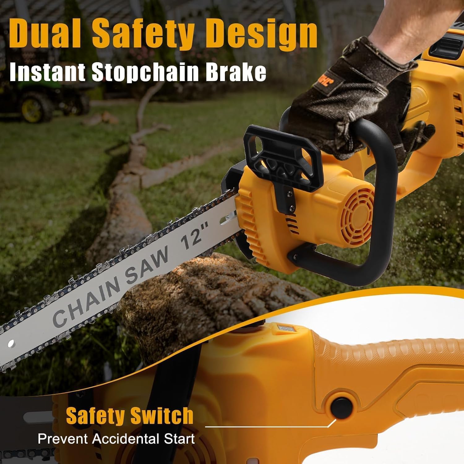 Chainsaw Cordless for Dewalt 20V Battery, Brushless Electric Chainsaw 12"/ 10" with Auto Oiler & Security Lock, for Tree Trimming, Branch Wood Cutting (Tool Only)-Yellow