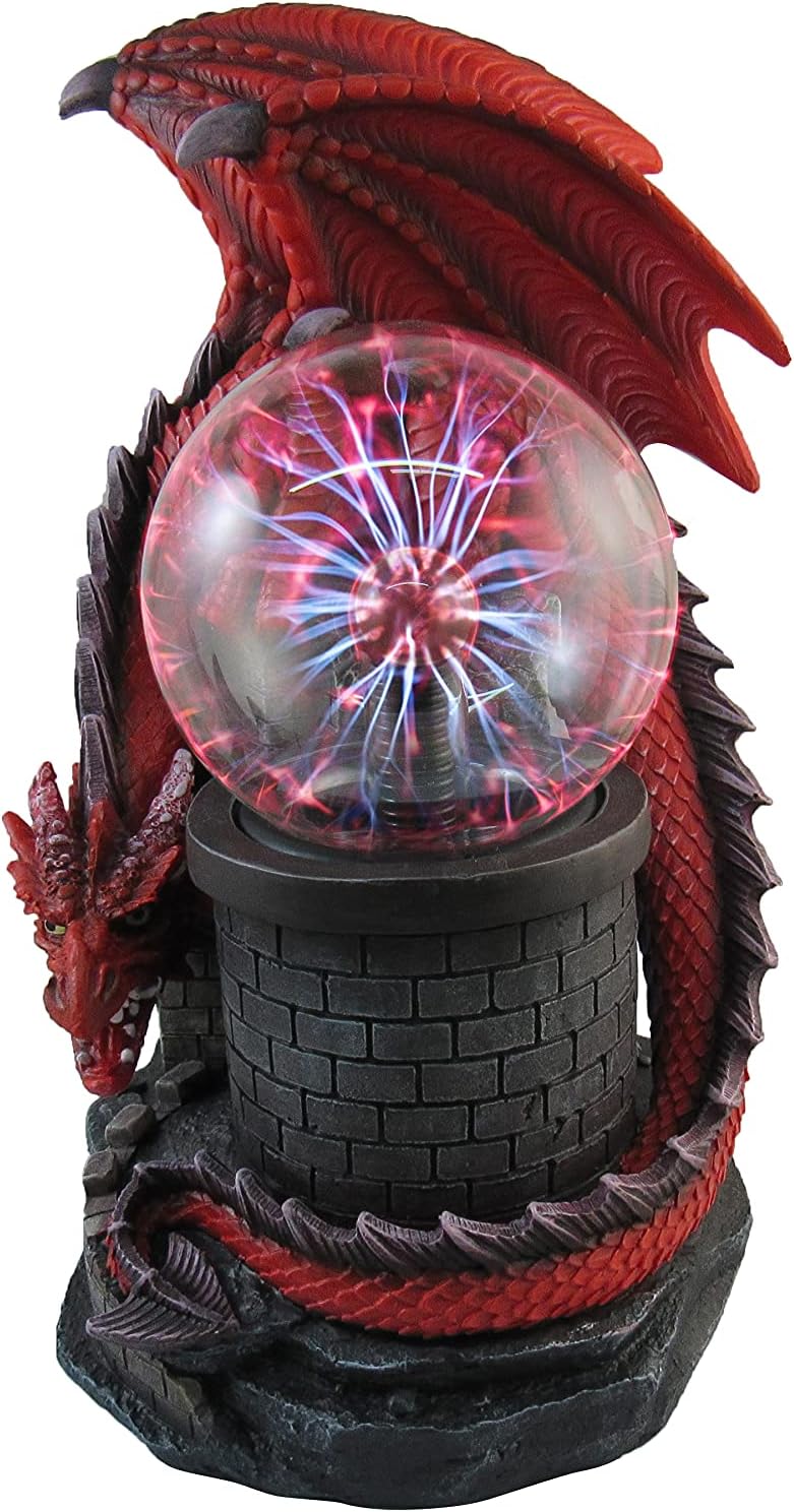 DWK Red Dragon on a Castle Gothic Decor Electric Touch Plasma Ball | Orb Decoration Plasma Lamp Large | Goth Shelf and Dragon Decorations for Bedroom - 11"