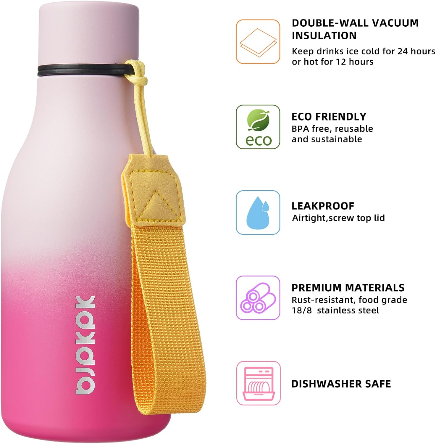BJPKPK Insulated Water Bottles, 12oz Stainless Steel Metal Water Bottle with Strap, BPA Free Leak Proof Jugs, Mugs, Flasks, Reusable Thermal Flasks for Sports & Travel, Sakura - Image 2