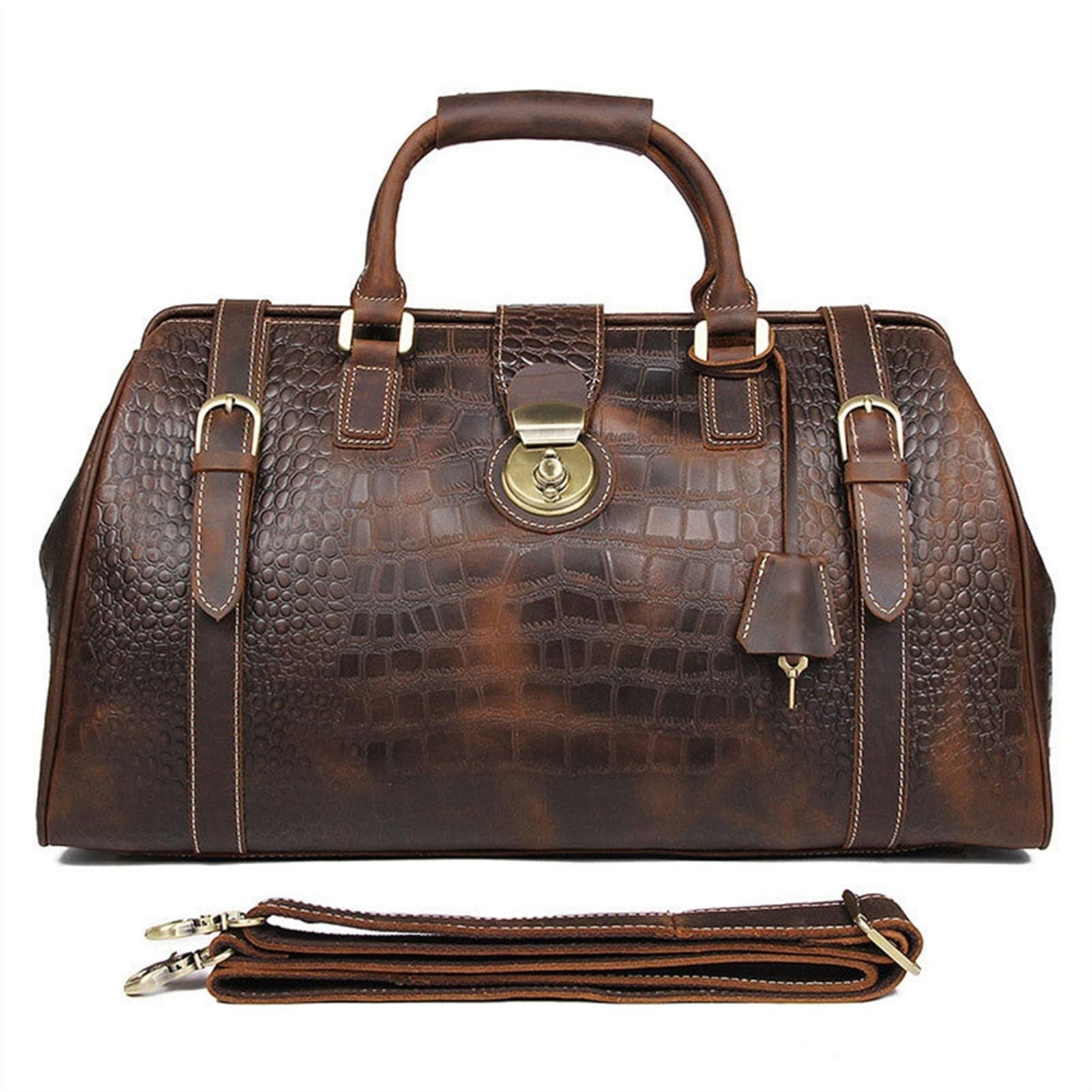 Hombre Bolso de Viaje de Equipaje Fin de Semana, Cuero Viaje Duffel Patrón de cocodrilo Unisex Casual Equipaje Bolso Gimnasio Deportes Pernocte Fin de semana Retro Lleve en la bolsa Marrón Bolsa para