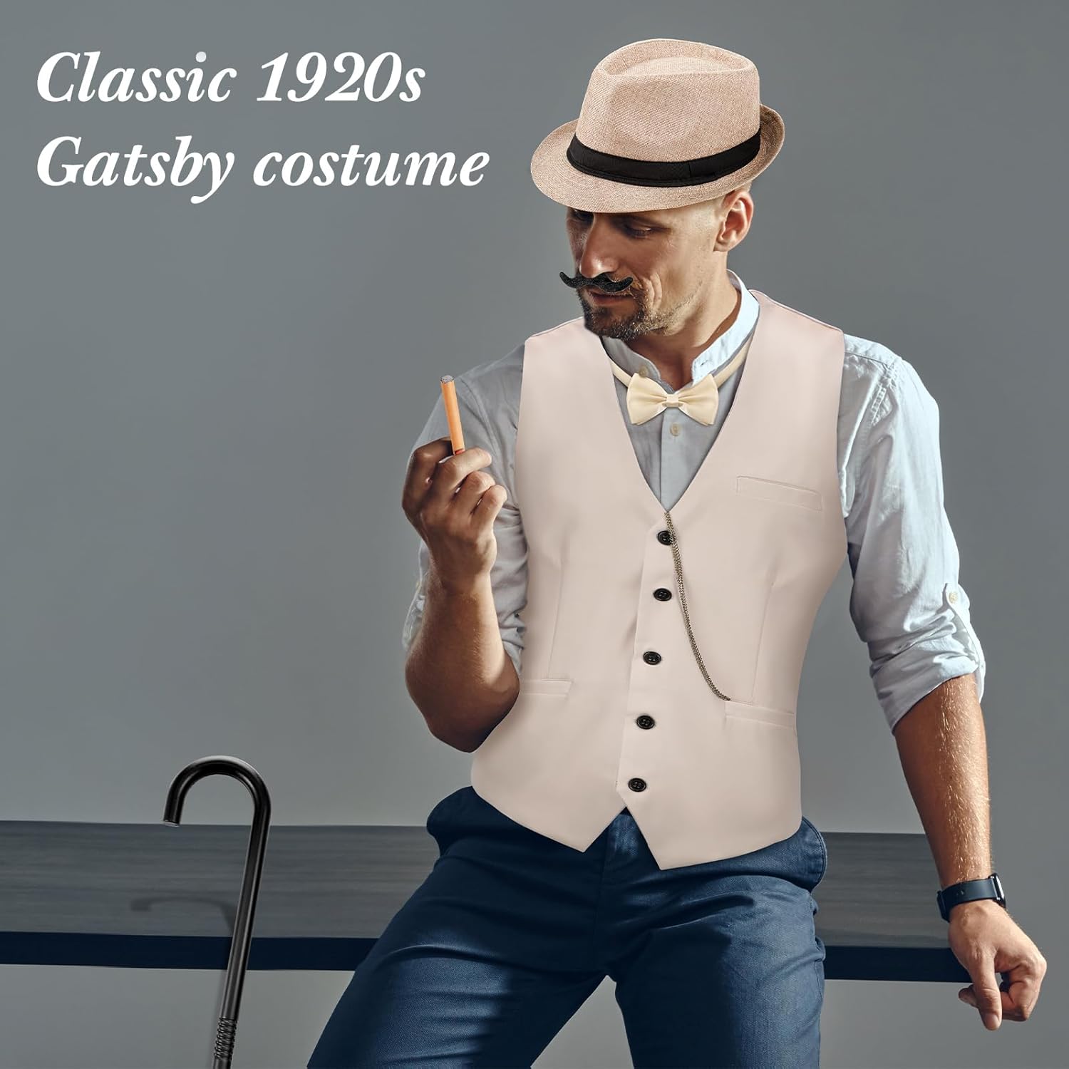 Neer 1920s Men Costume Accessories Outfit with Gangster Vest Hat Vintage Pocket Watch Bow Tie Suspenders Accessories - Image 3