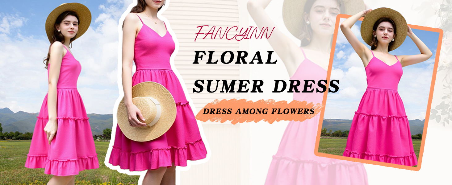 FANCYINN Women Floral Casual Tiered Mini Dresses Spaghetti Strap V