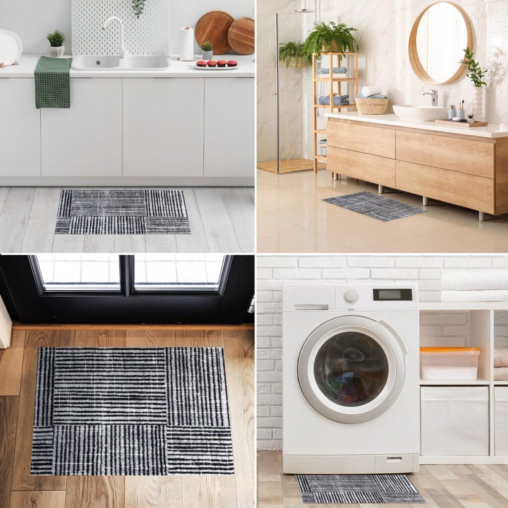 Wash + Dry Rustic One-Piece Washable Rug with Rubber Backing, Small Door Mat for Entryway, Kitchen, Bathroom, Non-Slip Indoor Doormat, Washable Entryway Rug, Gray, Black and White, 20" x 27.5"