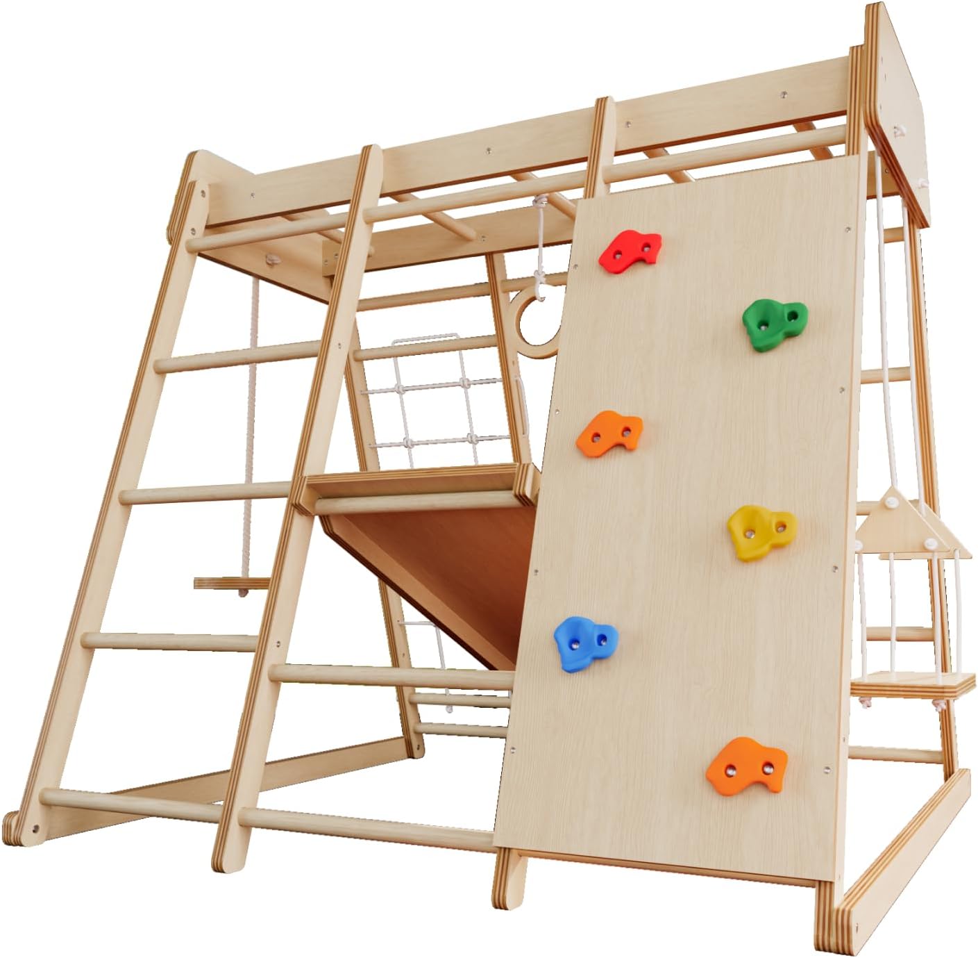 Indoor Playground for Kids 2-6, Indoor Jungle Gym Playset w/Slide, Monkey Bars, Ladder,Swing, Climbing Wall, Rings,Wooden Pikler Climbing Set for Physical Development, Gift Idea, Large