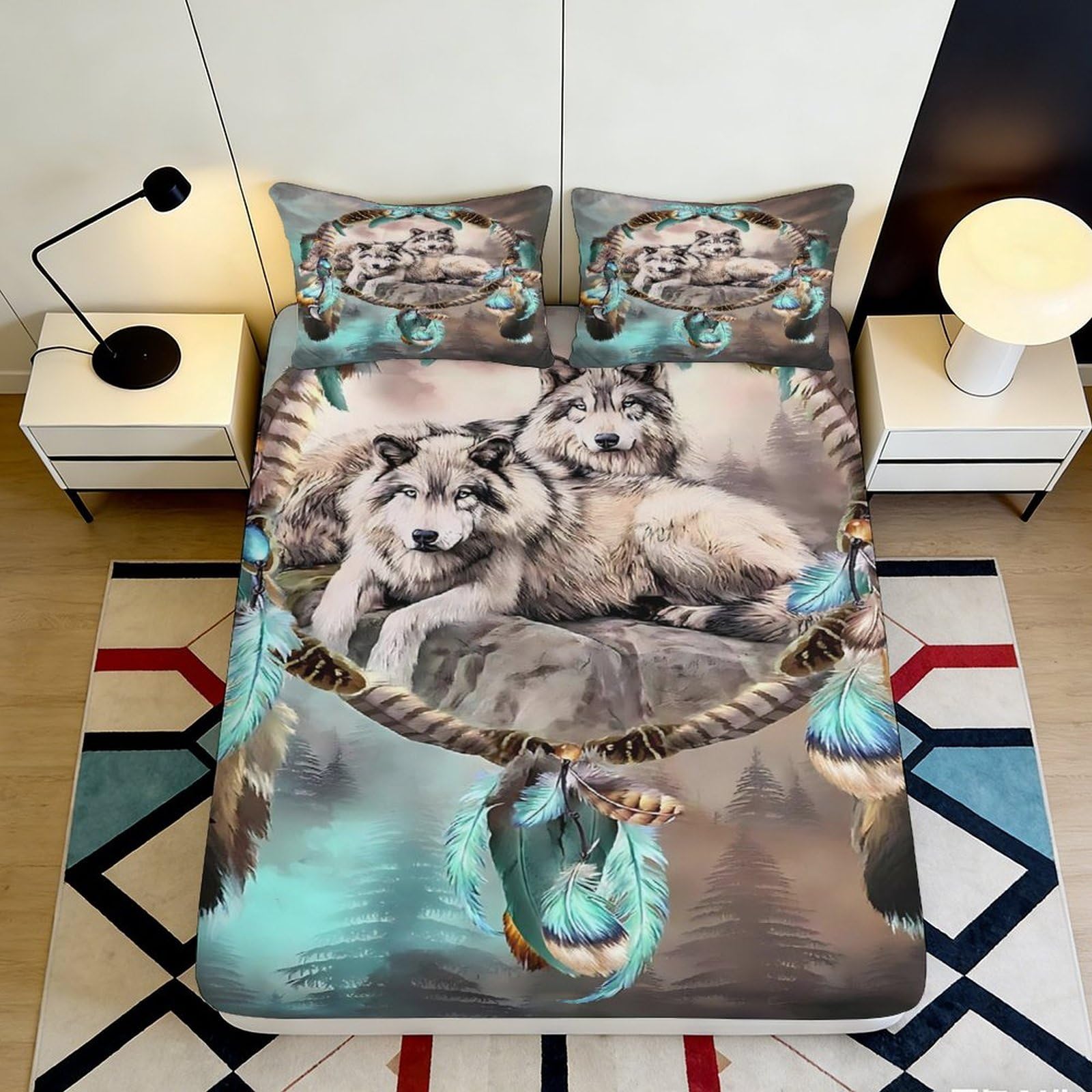 3D Printed Wolf Dreamcatcher Fitted Sheet Microfiber Soft Durable Forest Spirit Bed Cover for Bedroom Dormitory Guest Room Mattress Protection 200x200x25cm