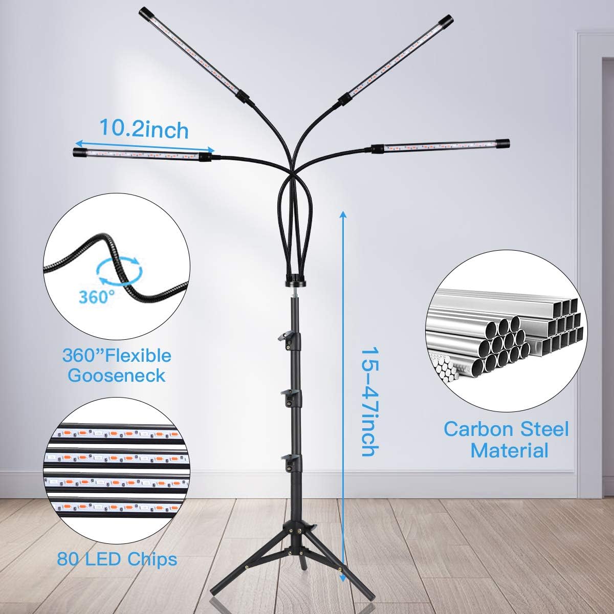 Plant Grow Light with Stand Adjustable 15-47 Inch,Four-Head Plant Growing Lamp with Red Blue LED Bulbs for House Plants,Dimmable 3 Light Modes with Auto On/Off Timing 3 9 12 Hrs : Patio, Lawn & Garden