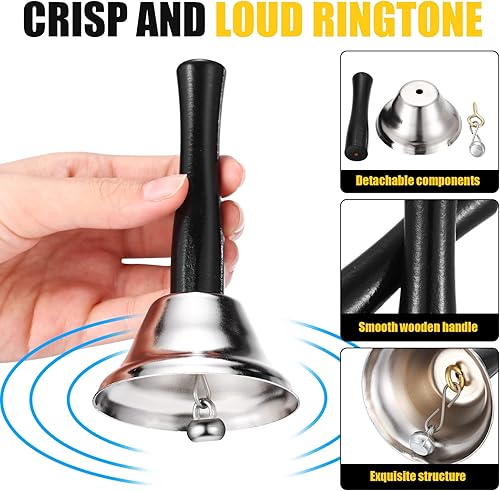 Miniatura 3 de Fumete 100 campanas de metal con mango de madera para decoración de bodas, escuelas, percusión musical, alerta de ancianos enfermos (plata, dorado)