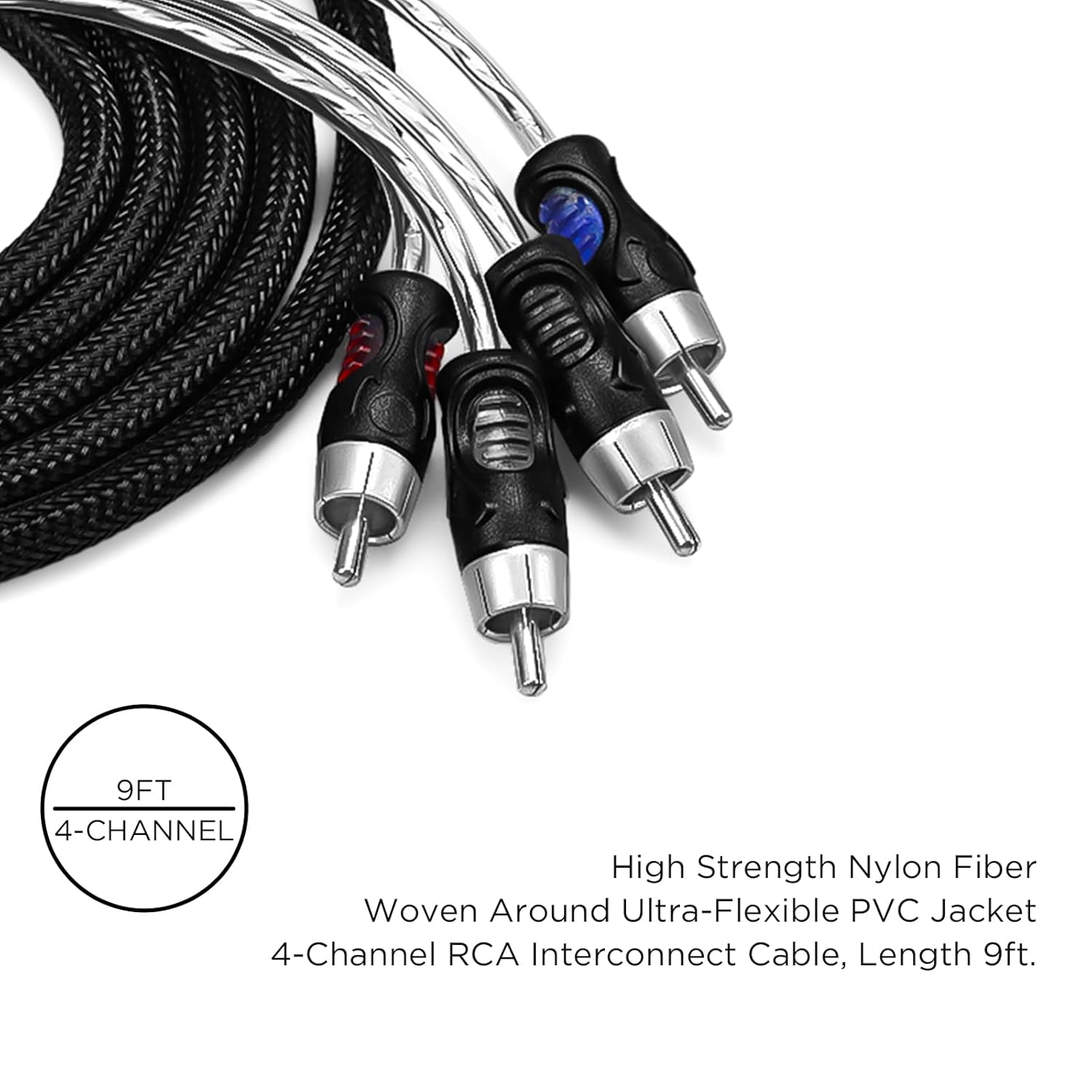 RECOIL PCI49 Premium 100% Oxygen Free Copper 9ft 4-Channel RCA Audio Interconnects Cable Double Shielded with Noise Reduction