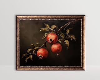 Pomegranates, Moody Fruit Print Vintage Still Life Oil Painting Kitchen Wall Art Rustic Farmhouse Decor Dark Pomegranate Tree