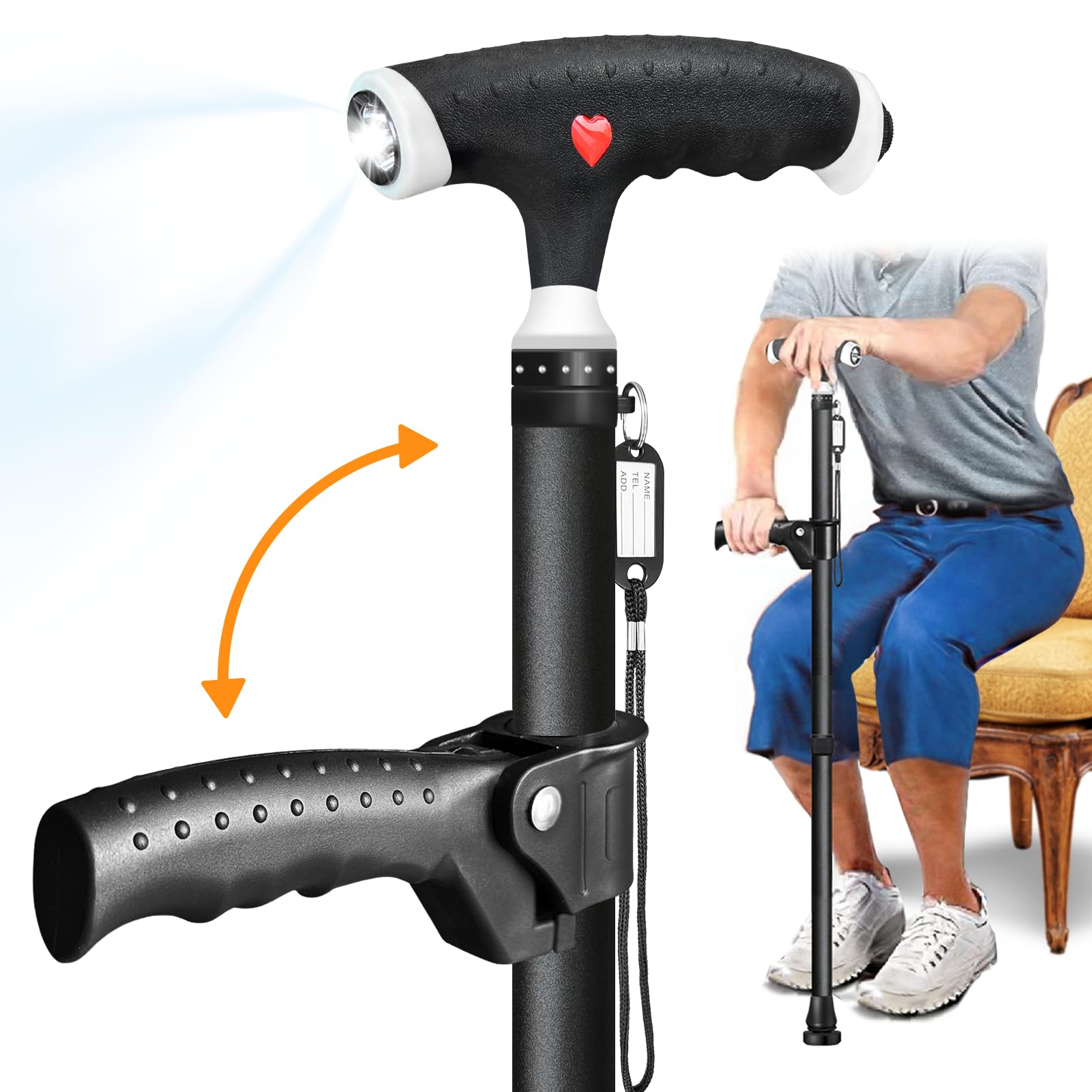 Adjustable Walking Cane for Men and Women with 2nd Handle for Extra Support, Stylish Cane with LED Light, Suitable for Seniors and People Suffering from Different Types of Arthritis