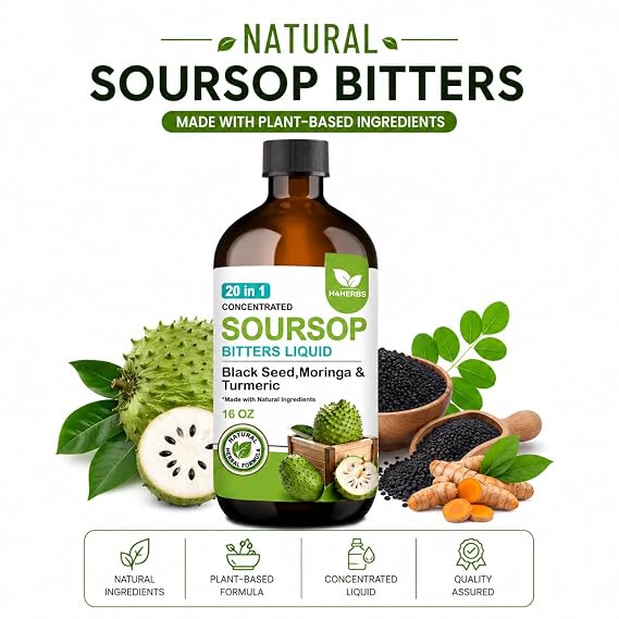 Soursop Bitters Liquid with Blackseed, Moringa & Turmeric, Sour sop Bitter with Sour sop leaves, Pure Soursop Bitters made up of Sour sop fruit extract, Bitter Soursap,Soursap juice 16 Fl Oz