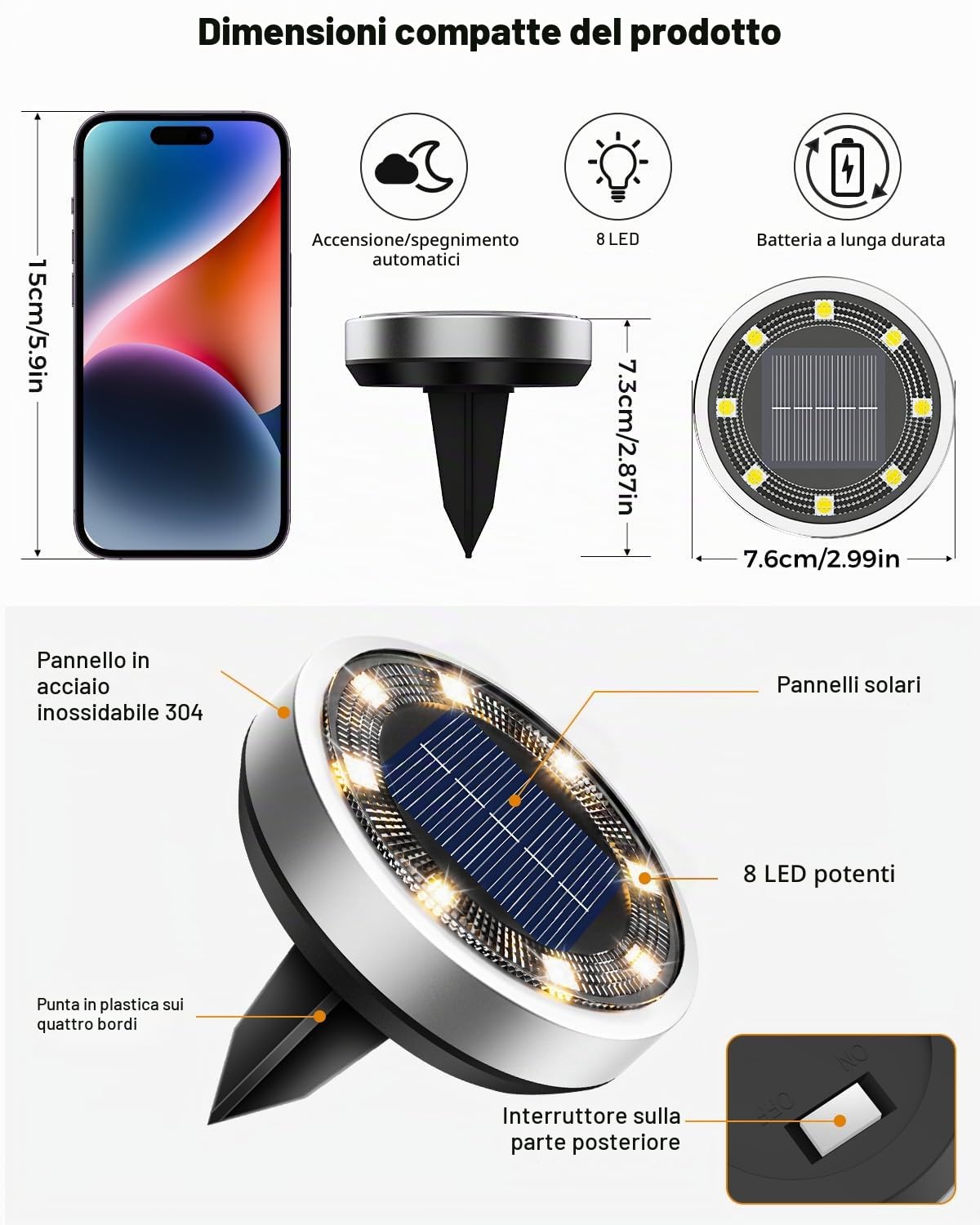 btfarm 10 Pezzi Luci Solari da Giardino, 8 LED Faretti Sepolta Solari a Led da Esterno, Lampade Solare da Terra IP65 Impermeabile per Cortile Prato Vialetto Scala Strade Paesaggio, Bianco Caldo