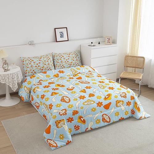 Miniatura 2 de Erosebridal Juego de ropa de cama con diseño de hongos hippie para niños, diseño floral, bohemio, retro, de los años 70, decoración de edredón,