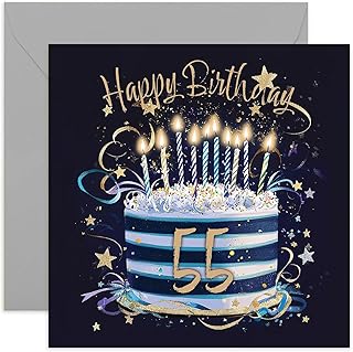 Special 55th Birthday Card for Him - Fifty Five Years Old Bday Greeting Cards - Navy Blue and Gold Cake Artwork for Boys and Men - Stylish and Traditional Male Style - Blank Inside