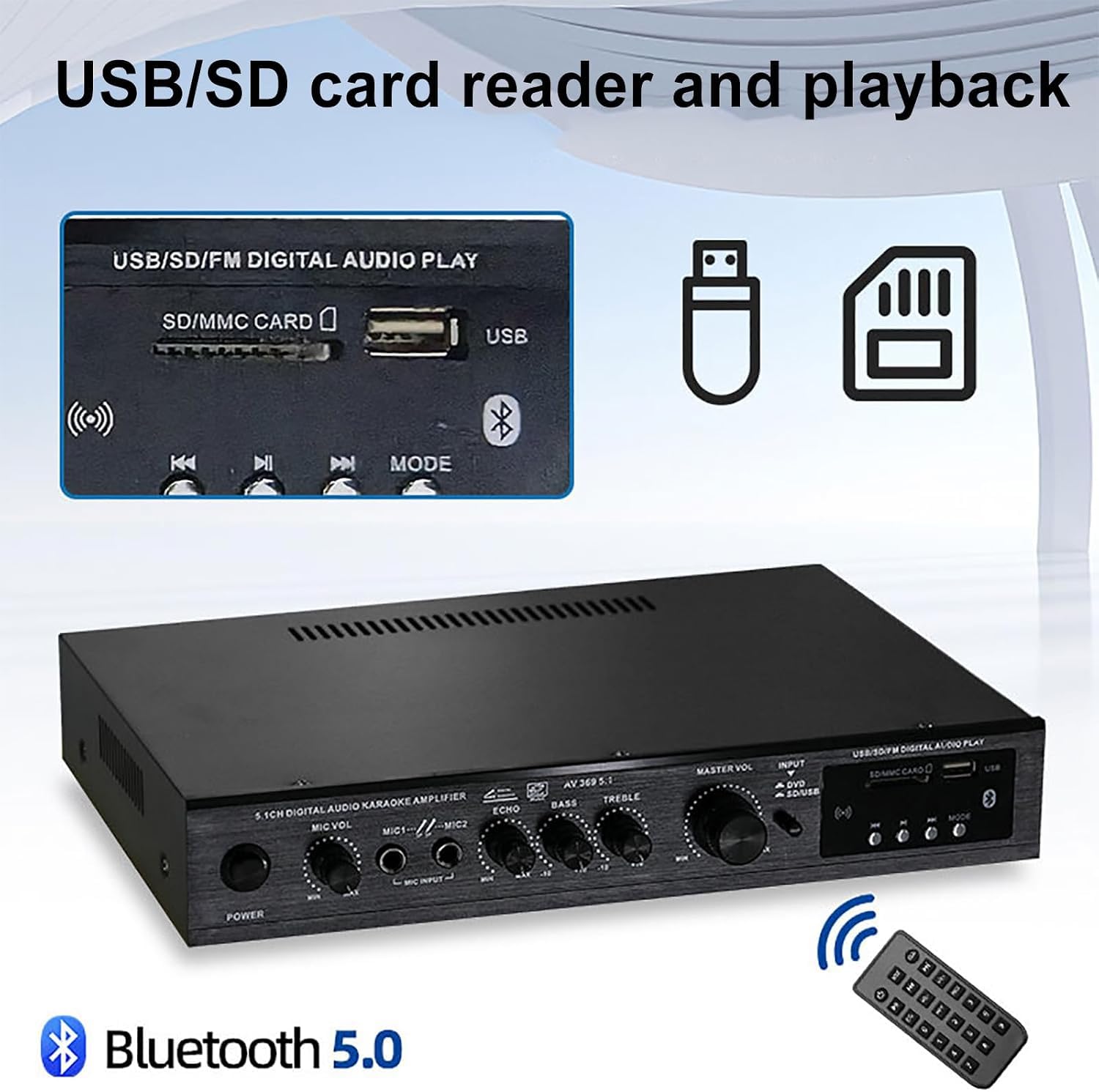 Amplificatore Digitale A 5.1 Canali, Amplificatore Stereo Bluetooth, Con Telecomando, Ingressi Ottici E Coassiali, Regolazione Del Riverbero, Bluetooth/usb/scheda Sd, Per Casa, Studio, Karaoke O
