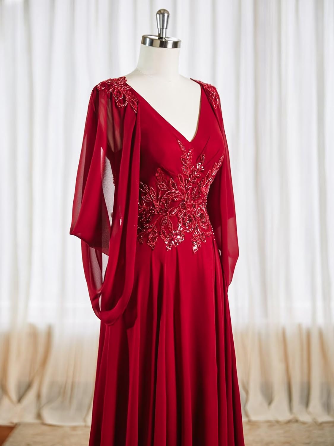 V Neck Chiffon Mother of Bride Dresses Lace Appliques Formal Dresses for Women Long Evening Gown with Sleeve - Image 6