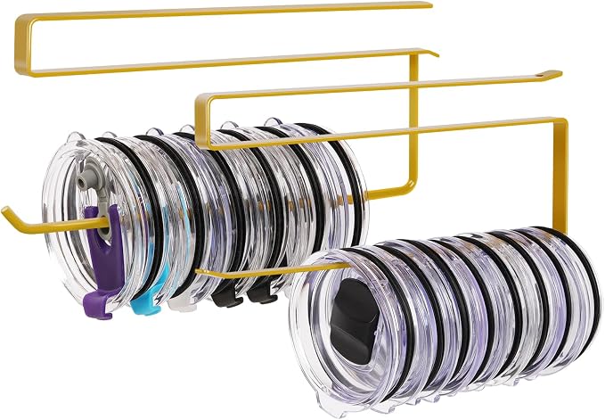 2 Pack Tumbler Lid Organizer, Horizontal Tumbler Lid Storage Hook Up to 20 Lids, Space Saving Cup Lid Holder Under Cabinet Tumbler Lid Hook for Kitchen Organizer, Paper Towel Hanger(Round&Flat, Gold)