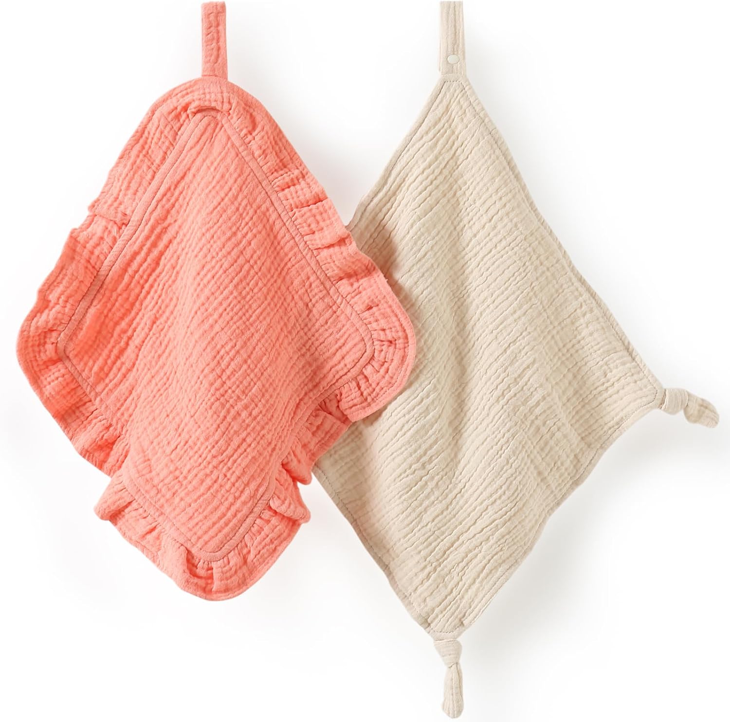 Loveys for Babies, 2 Pack Organic Cotton Muslin with Attachable Snap Closure - Loveys for Babies Newborn Baby Lovey Security Blankets (Khaki)