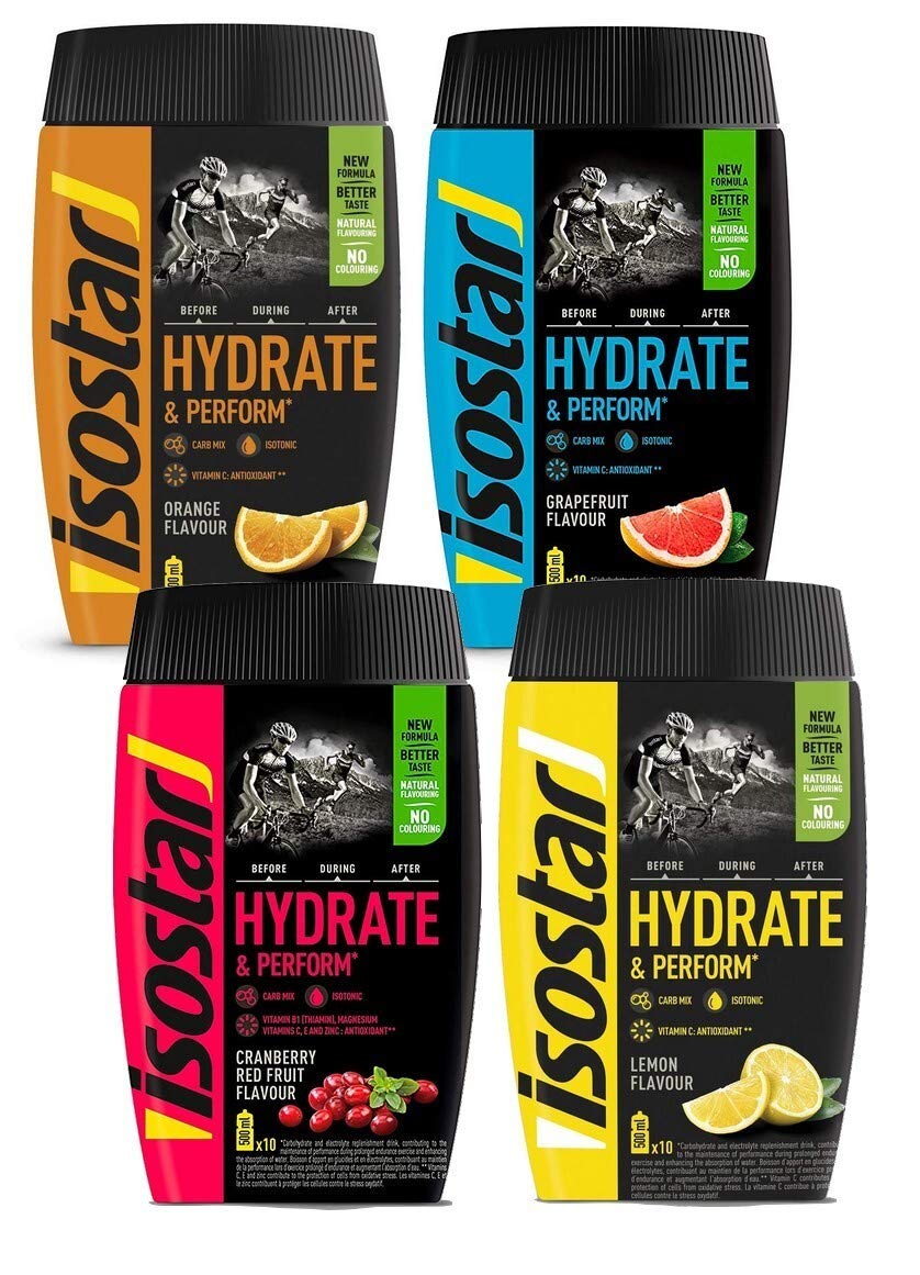 Isostar Hydrate & Perform Iso Drink   Elektrolyt Pulver Geschmack Orange Zitrone Cranberry & Grapefruit 4x400g