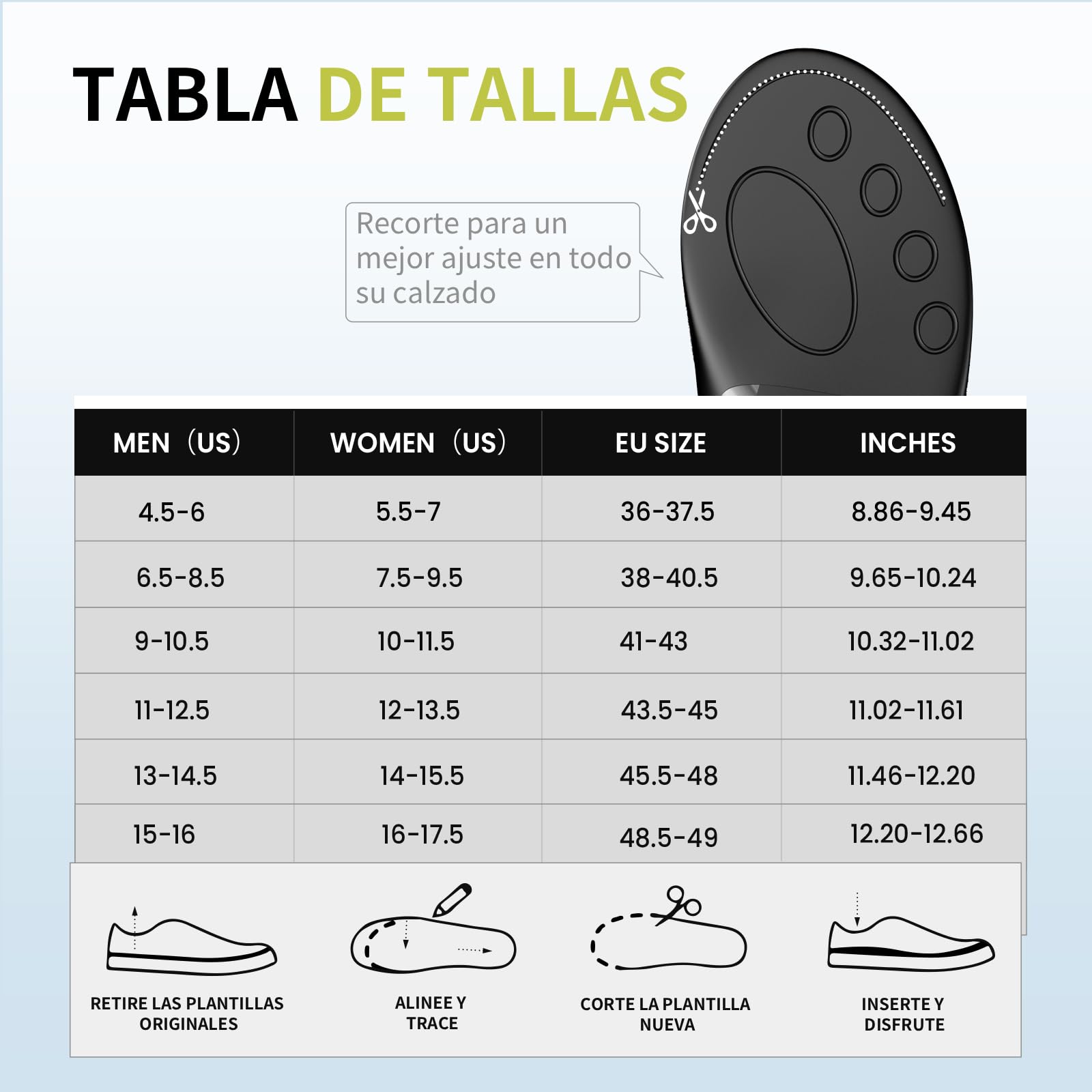 Plantillas para Fascitis Plantar con Soporte de Arco Rígido Alto, Insertos Ortopédicos para Pies Planos M:44-46