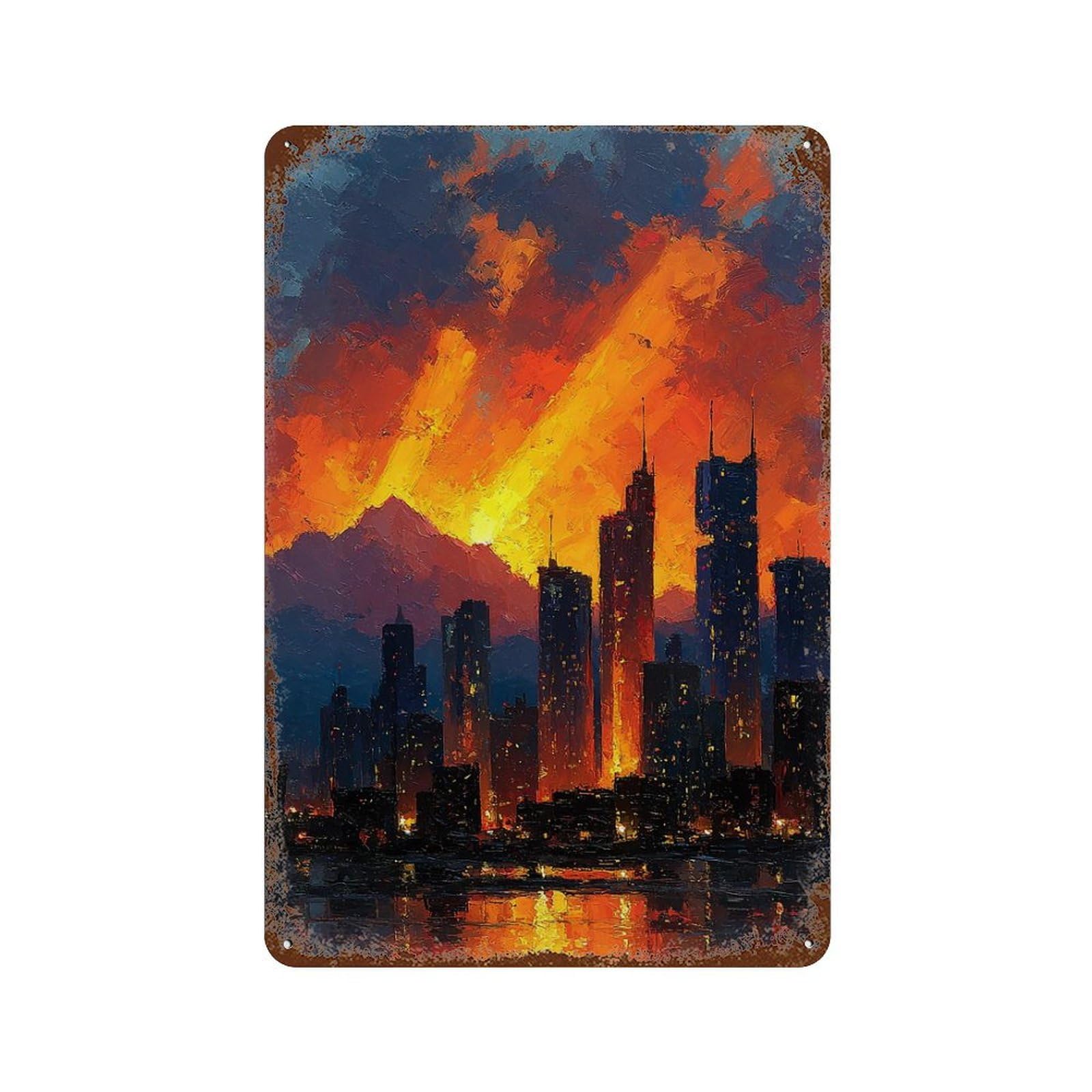 Vintage Rust Metal Sign with Cityscape Sunset Painting Design 11.8"x7.9", for Office, Studio And Wall Decor, Farmhouse Wall Decor