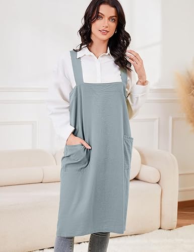 Miniatura 2 de Schine Pinafore de algodón con espalda cruzada para mujer, con bolsillos grandes, prácticos delantales para trabajos de jardinería, cocina