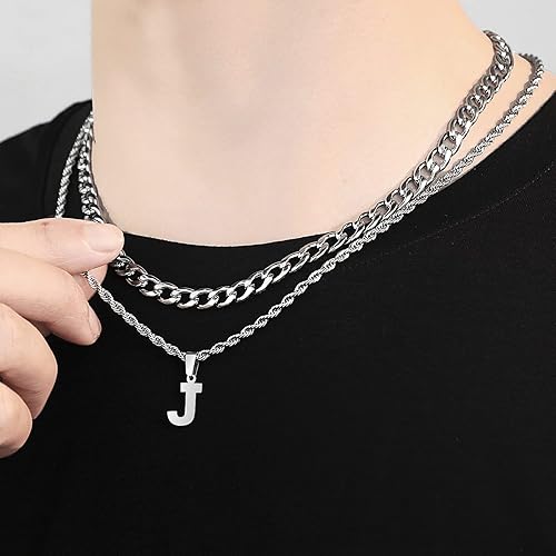 Miniatura 4 de SENRAN Collar con inicial en capas de la A a la Z para hombre, cadena de cuerda torcida de acero inoxidable de 18 a 20 pulgadas, dije de letra