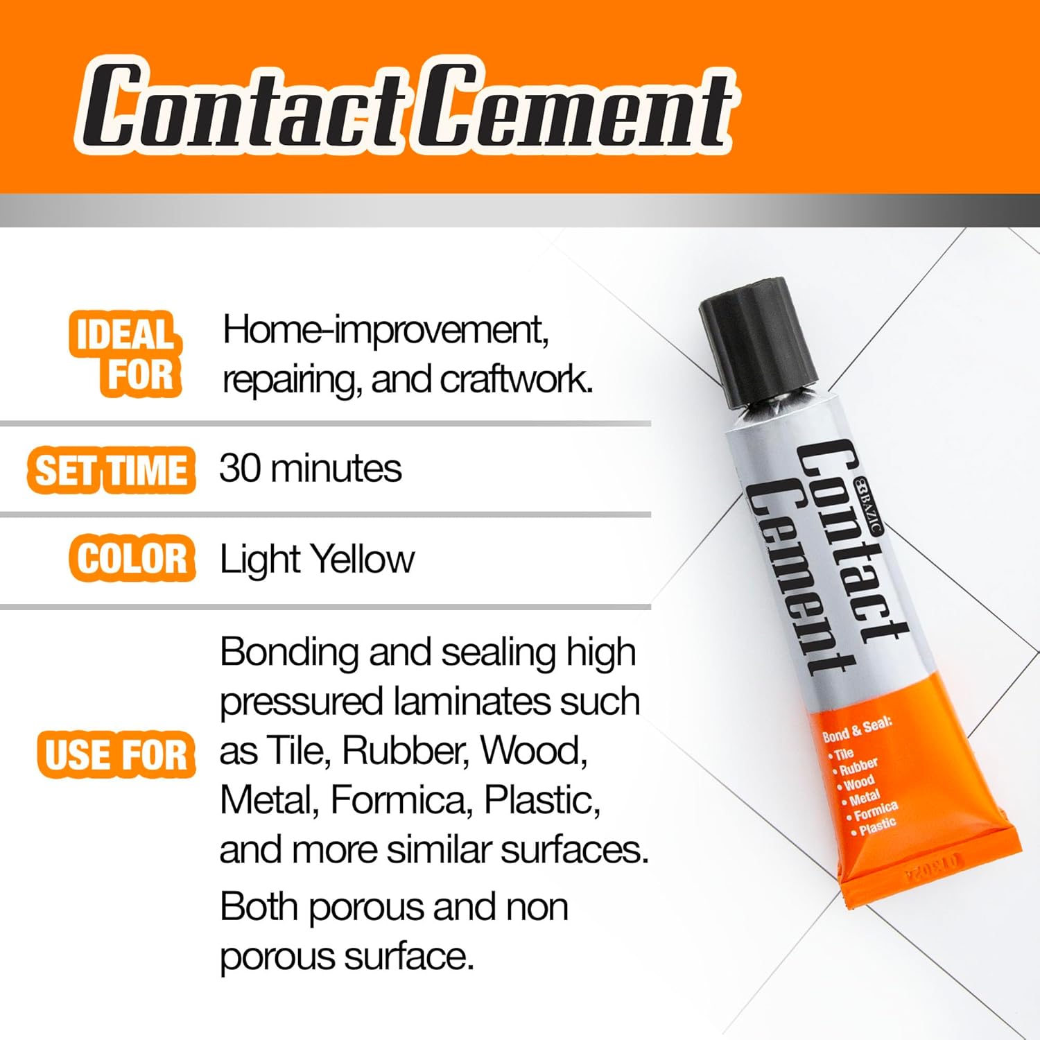 BAZIC Products Contact Cement Glue 1 Oz (30 mL), Contact Cement Adhesive for Multi-Surface Repair, Cement Glue for Tile, Wood, Rubber, Formica, Plastic, Metal, and Crafts, 1-Pack