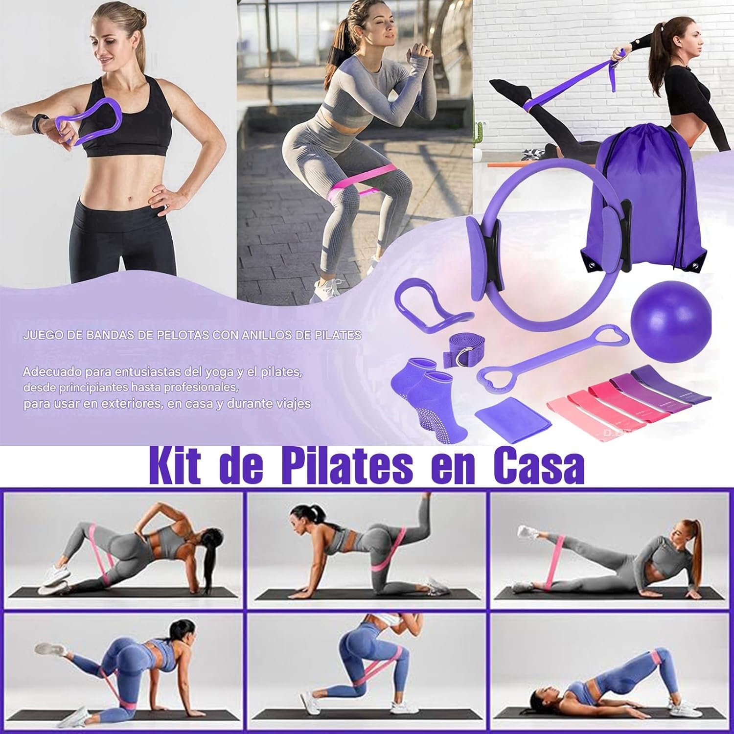 Kit de Pilates Essentiel pour Entraînement à Domicile – Équipement de Fitness Portable avec Cercle Pilates, Bandes de Résistance Longues, Balle Souple et Chaussettes Antidérapantes