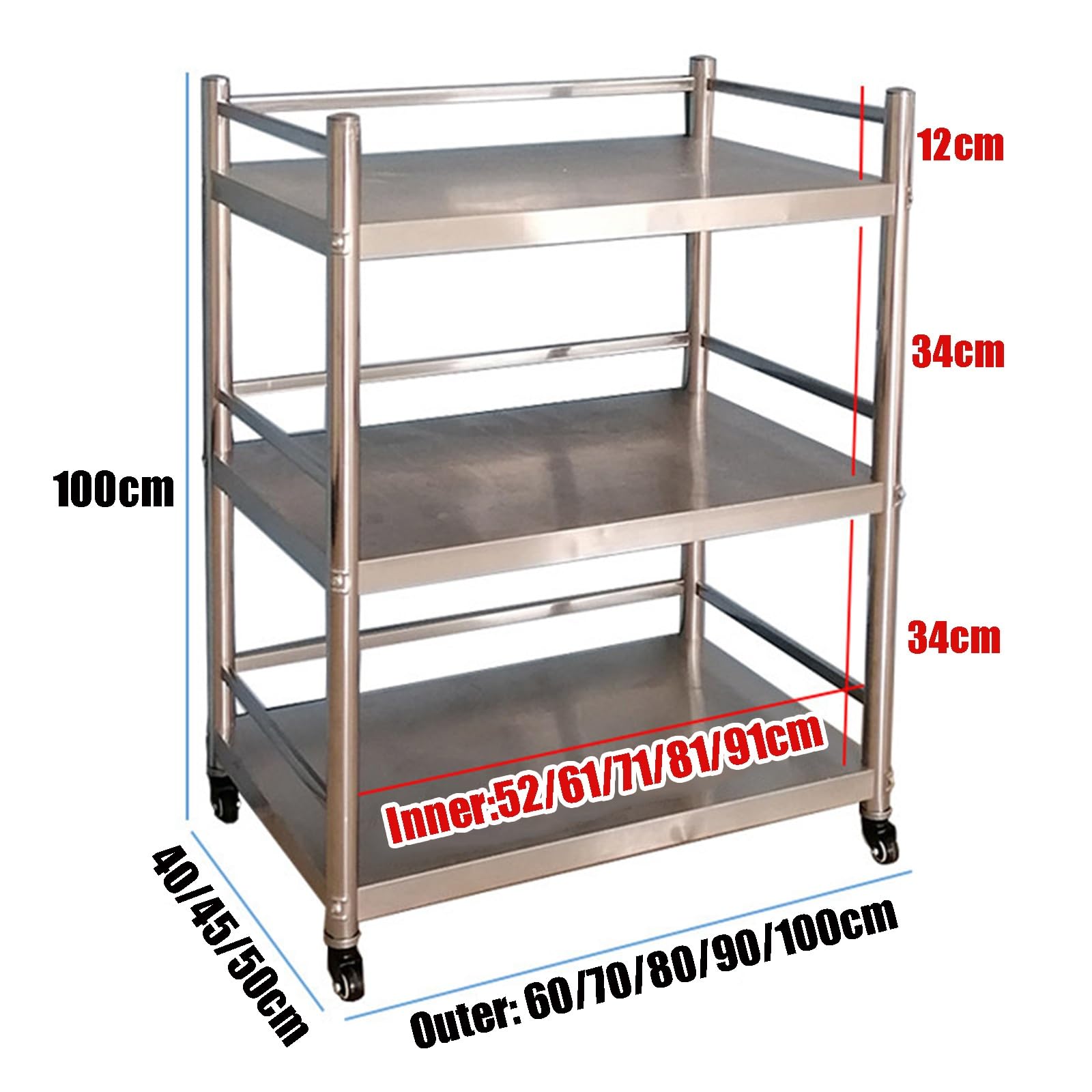 Carrello da cucina a 3 ripiani in acciaio inox, con ruote, scaffale multiuso con guardrail, altezza 100 cm, grande carrello portaoggetti per uso domestico o ristorante