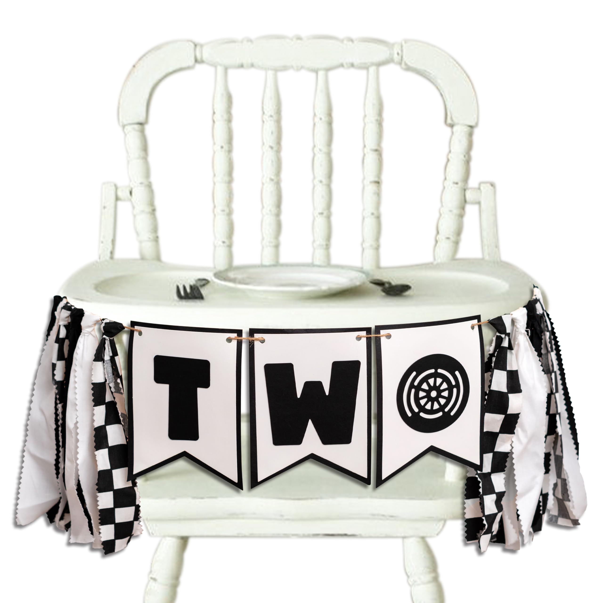 VANGNING Fast High Chair Banner - Race Car 2nd Birthday Decoration, 2 Fast 2 Curious Supplies, Black and White Racing Photo Prop