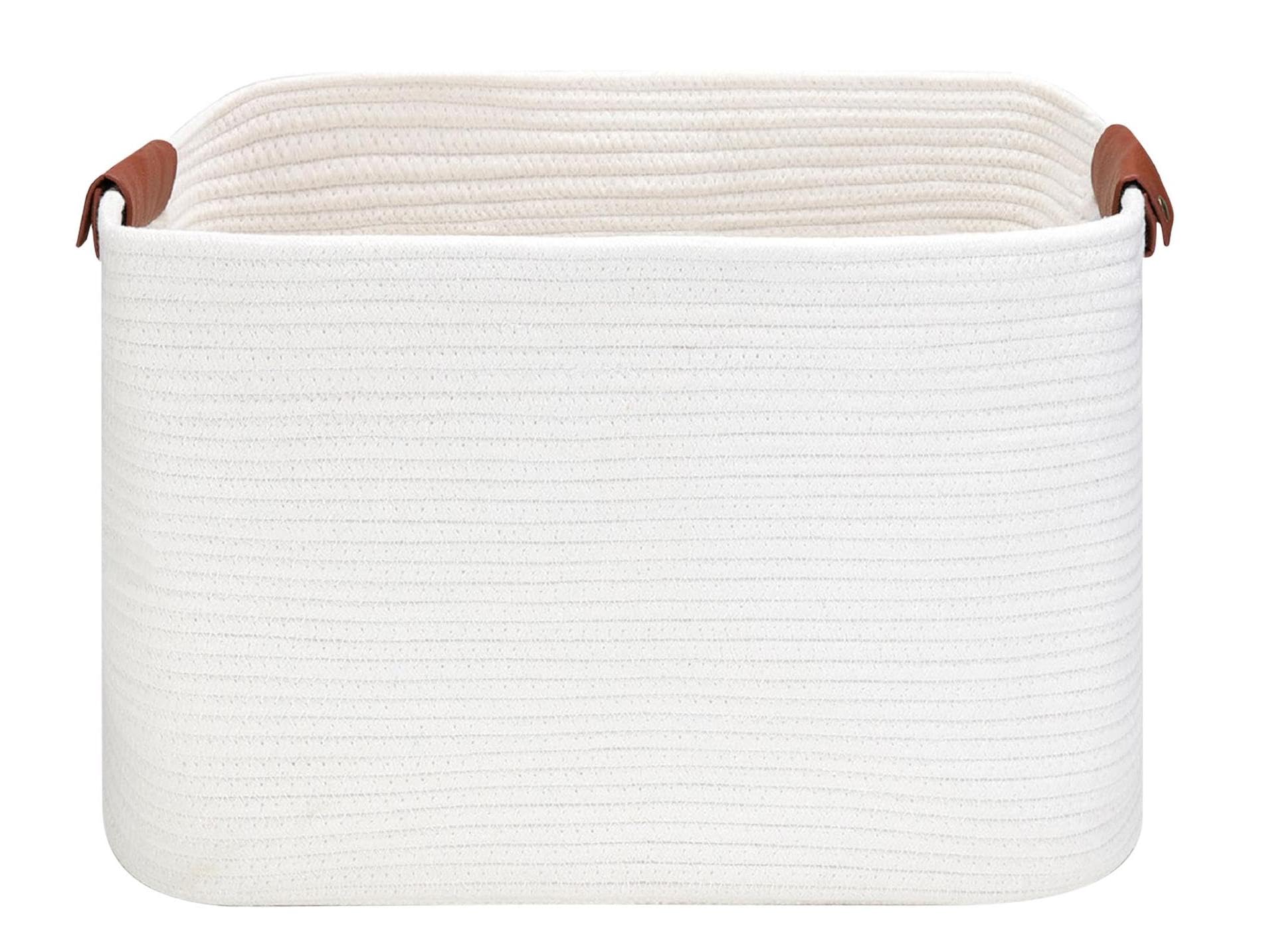 Large Cotton Rope Storage Basket with Leather Handles, Laundry Hamper Basket, 20 "L x 14" W x 12 "H, Durable & Stylish Organizer for Home.(Large White