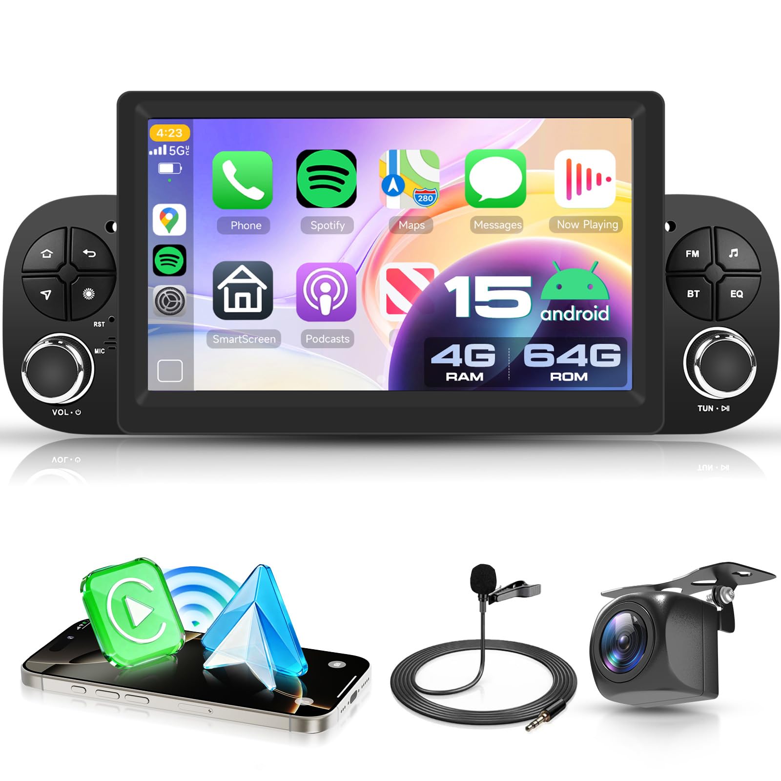 VECHTEL 4G+64G Android 15 Autoradio per FIAT Panda 2013-2020, 7 Pollice HD Schermo Auto Radio co Carplay Android Auto senza Fili GPS Wi-Fi USB Bluetooth FM RDS Retrocamera