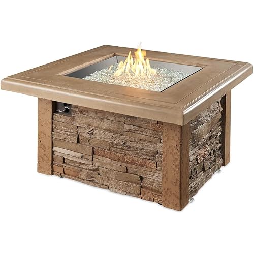 Outdoor GreatRoom Co Propane Fire Pit Table - Sierra Gas Fire Pits for Outside Patio - 43 Inch Square Concrete Firepit Fire Table with Matching Tabletop Cover, Rustic Faux Stone Base, 55,000 BTU
