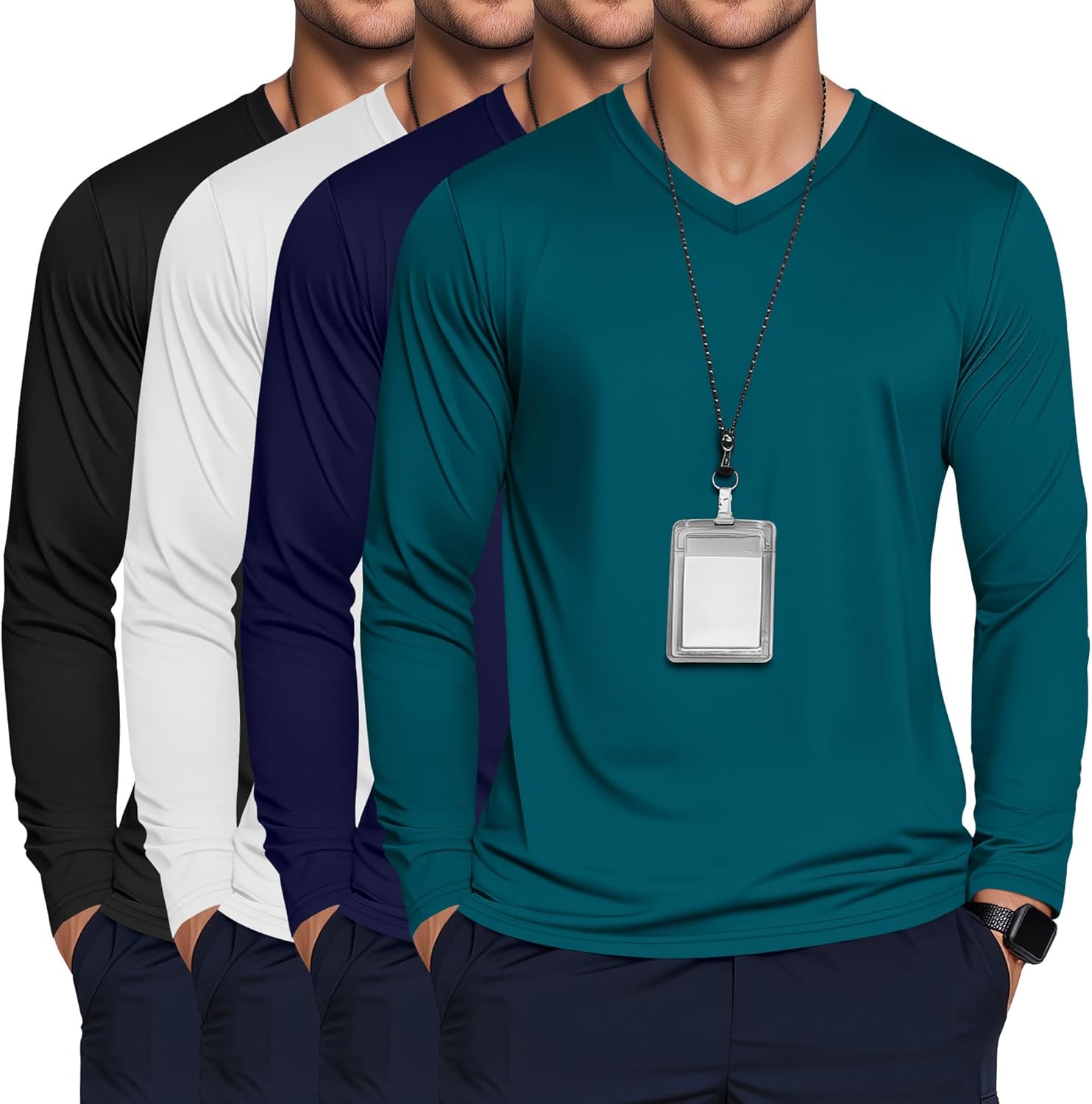 4 Pack Men's Under Scrubs Long Sleeve V Neck Shirts Basic Casual Fitted Underwear Stretchy Layering Tees Tops