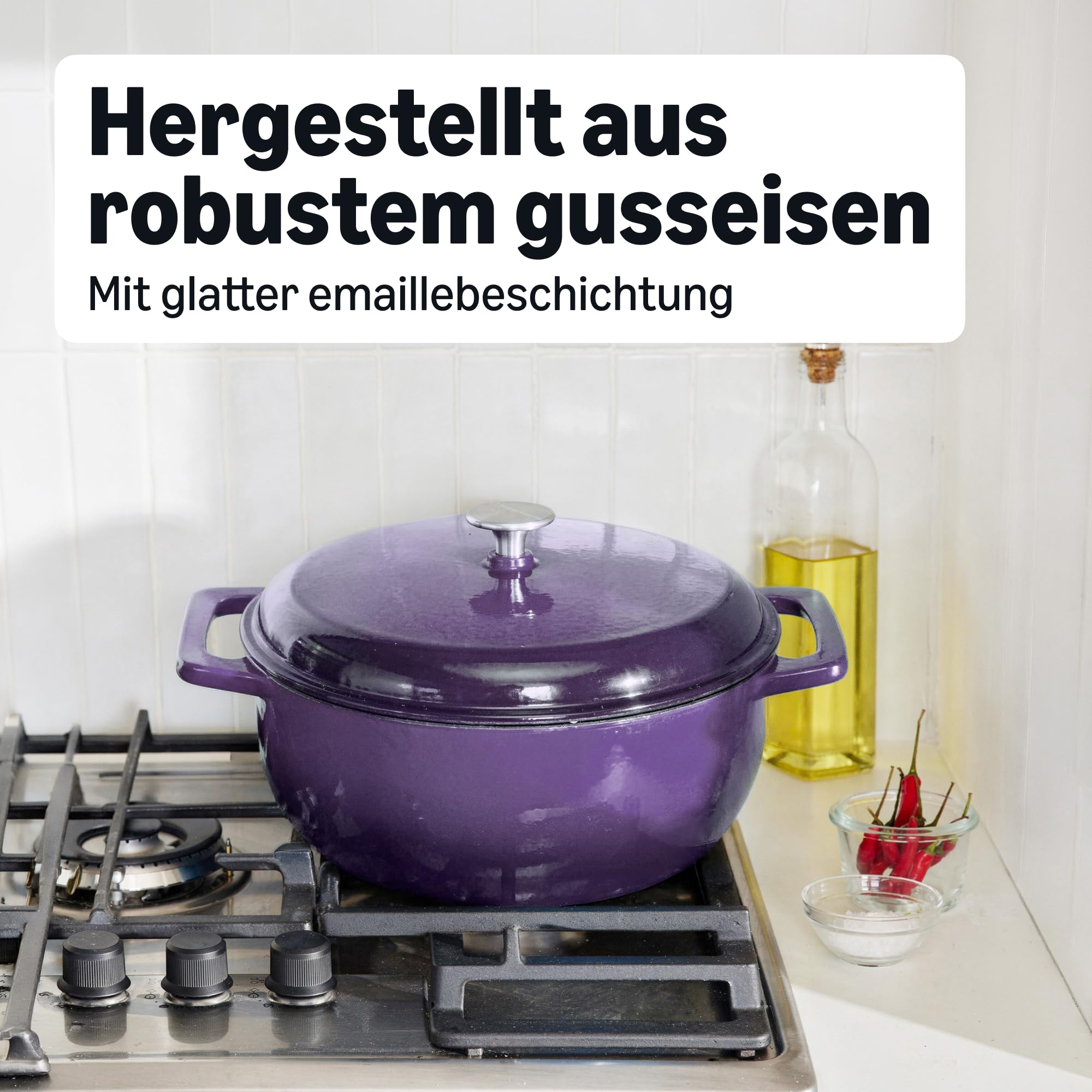 Amazon Basics Schmortopf Rund aus Emailliertem Gusseisen mit Deckel, 5,7 L, Violett