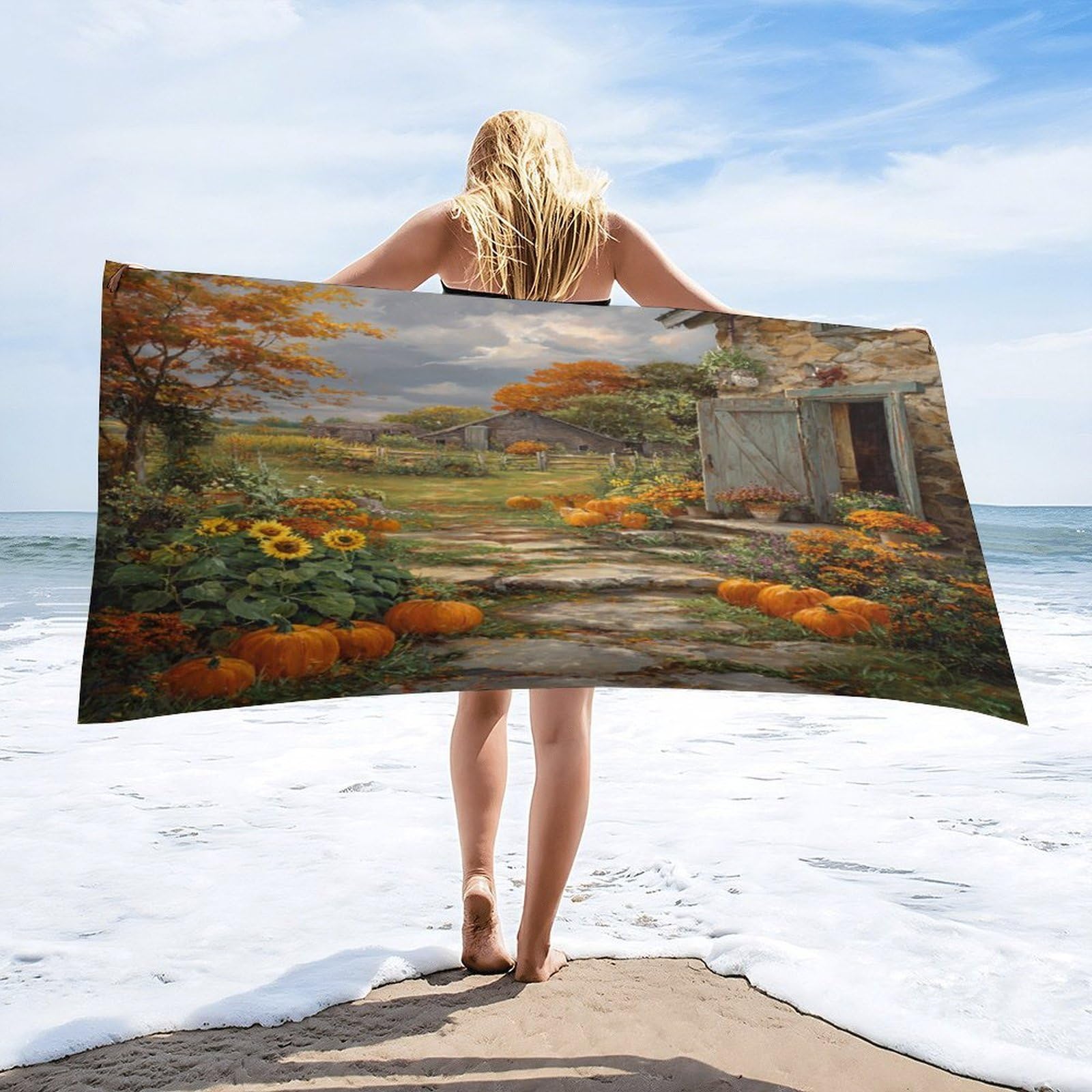 Luyysky Vintage Abstract Autumn Barn Absorbent Beach Towel, Beautiful Rustic Fall Plant Maple Tree Sunflowers Pumpkins Outdoor Single-Sided Velvet Beach Towel-80 W Cm X 160" L Cm