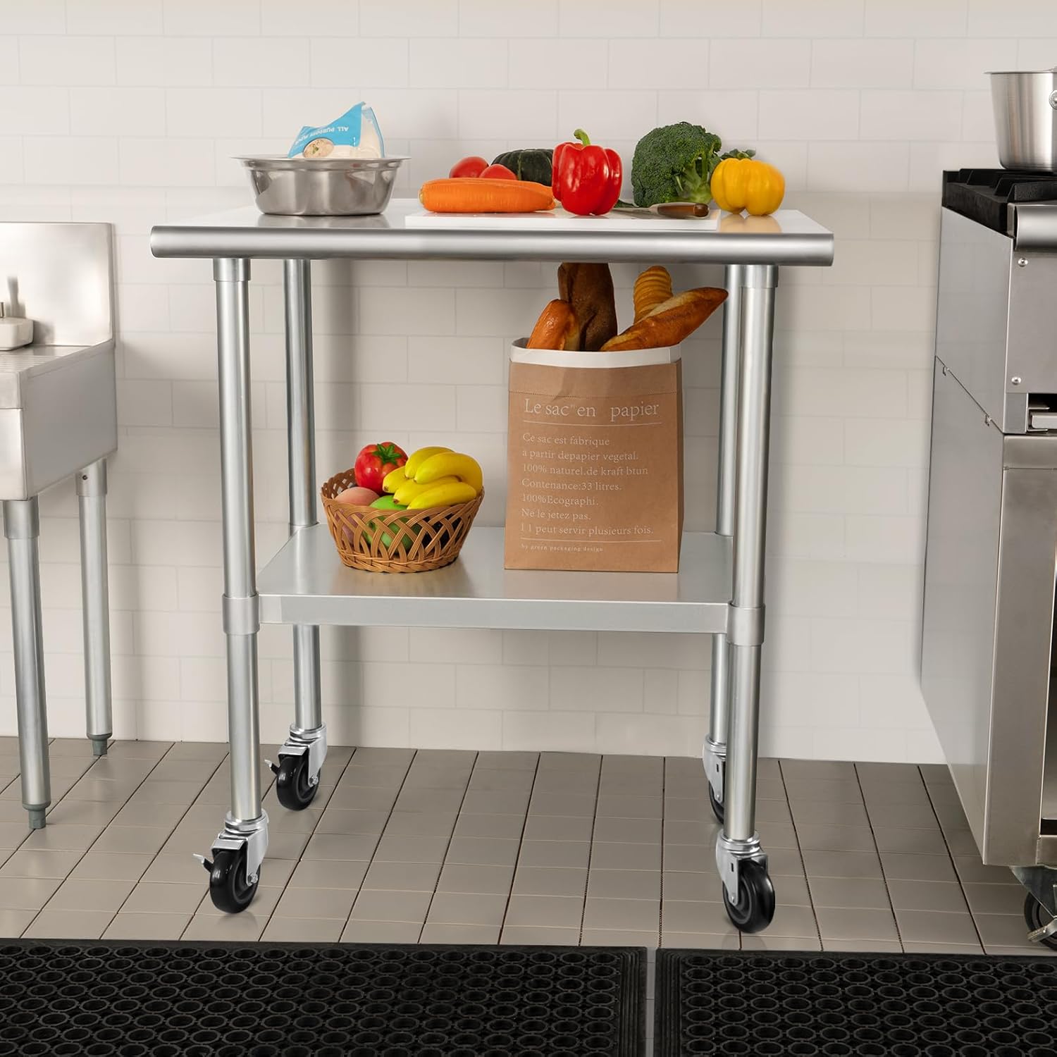 HARDURA Stainless Steel Table with Wheels 24 x 30 Inches Casters NSF Heavy Duty Commercial Work & Prep Table with Undershelf and Galvanized Legs for Restaurant Kitchen Bar and Hotel Garage