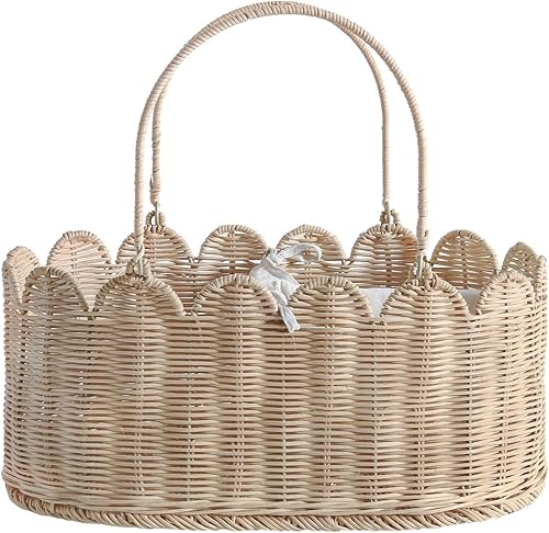 Miniatura 7 de Organizador de pañales de mimbre para bebé, cesta tejida de ratán festoneado con asa, carrito de bebé de mimbre para guardería (organizador de