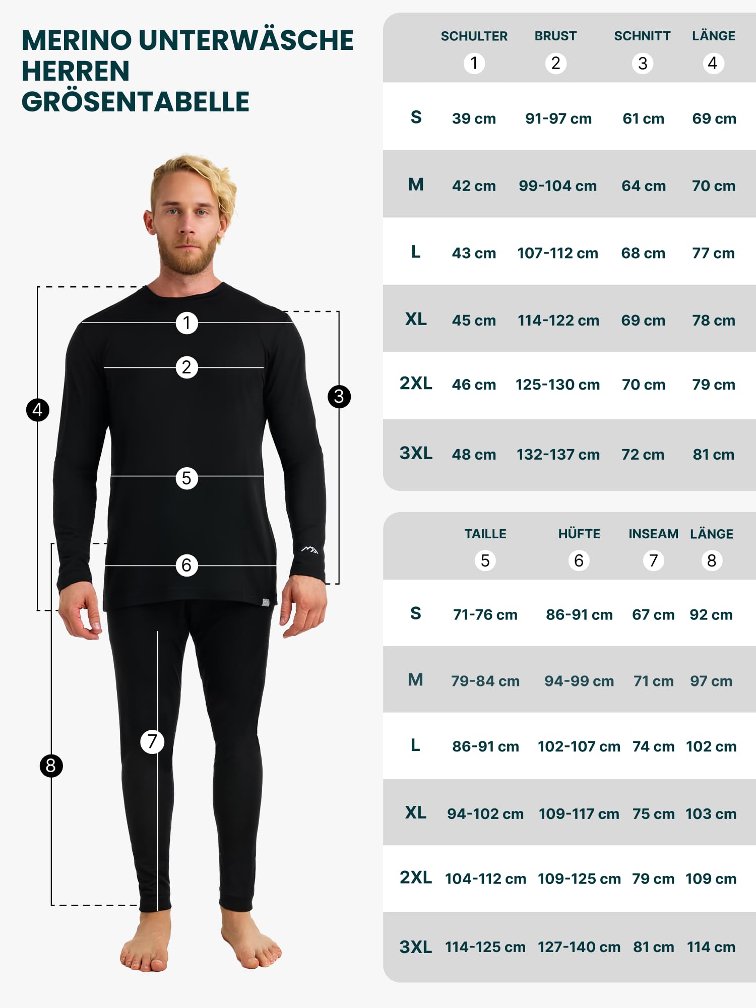 Merino.tech 100% Merino Unterwäsche Herren Set - Leicht, Mittelgewicht, Thermounterwäsche Merinowolle, Langarm Shirt und Hose + Wandersocken aus Merinowolle